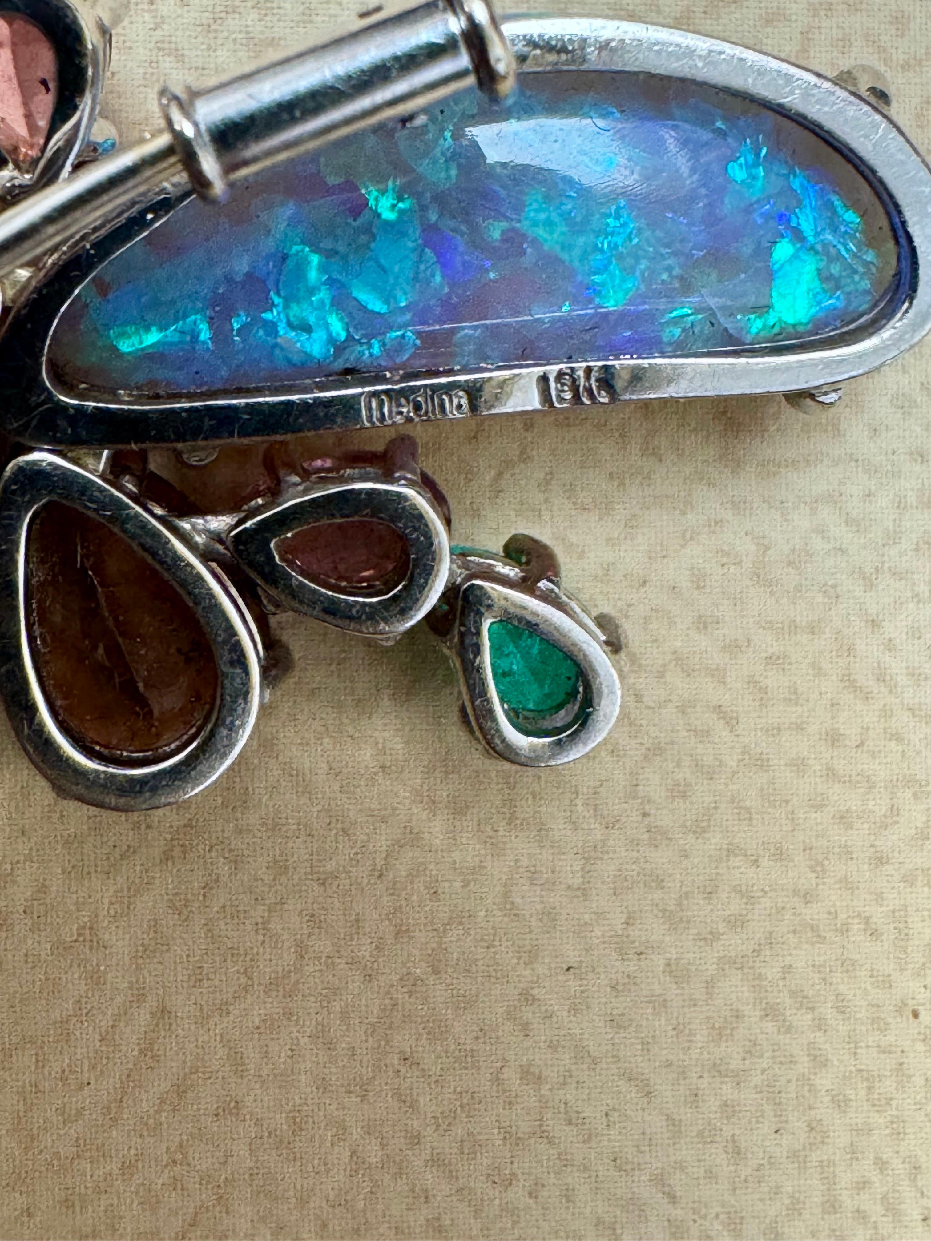 Broche/épingle en or 18 carats 13 g en opale, tourmaline verte et pierres multicolores par Medina Pour femmes en vente