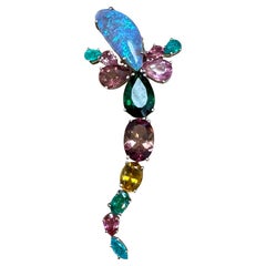 Opal, Green Tourmaline & Multi Color Stone Brooch /Pin 18 Kt Gold 13gm By Medina