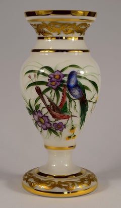 Opal Hand Painted Vase, Exotic Birds, Bohemian Glass, 20th Century, Art Glass