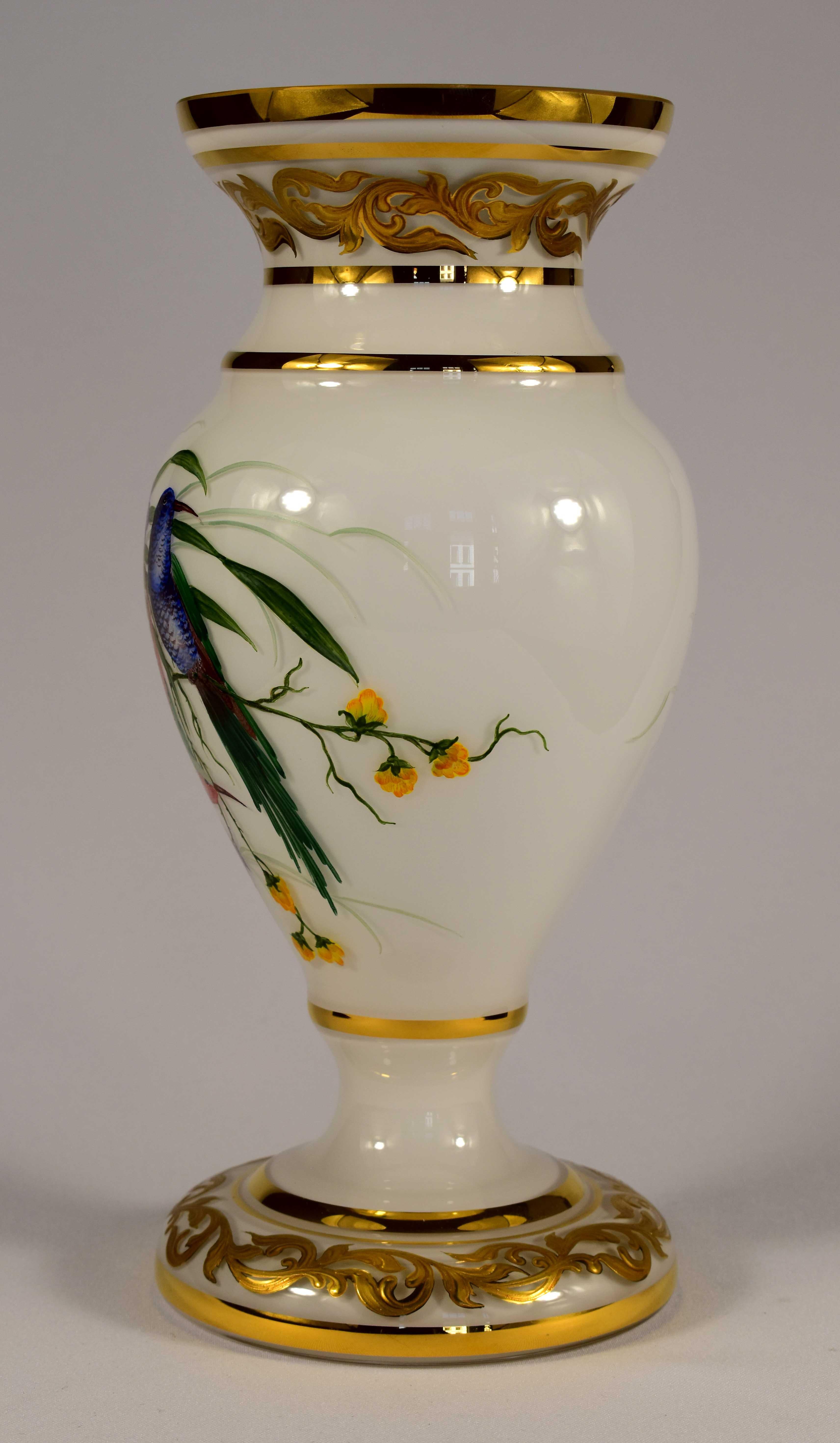 Czech Opal Hand Painted Vase, Exotic Birds, Bohemian Glass, 20th Century, Art Glass For Sale