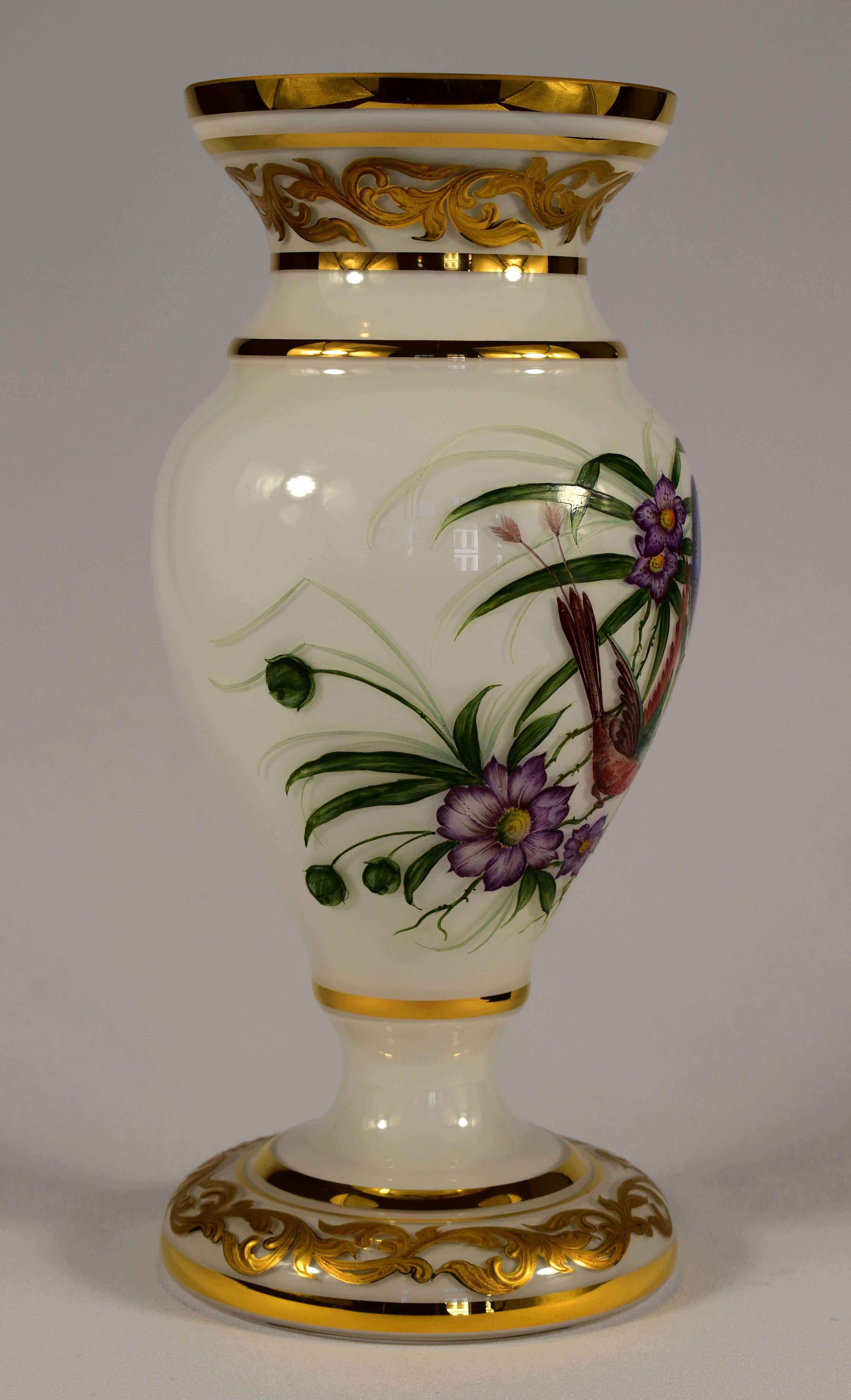 Opal Hand Painted Vase, Exotic Birds, Bohemian Glass, 20th Century, Art Glass In Good Condition For Sale In Nový Bor, CZ