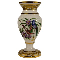 Opal Hand Painted Vase, Exotic Birds, Bohemian Glass, 20th Century, Art Glass