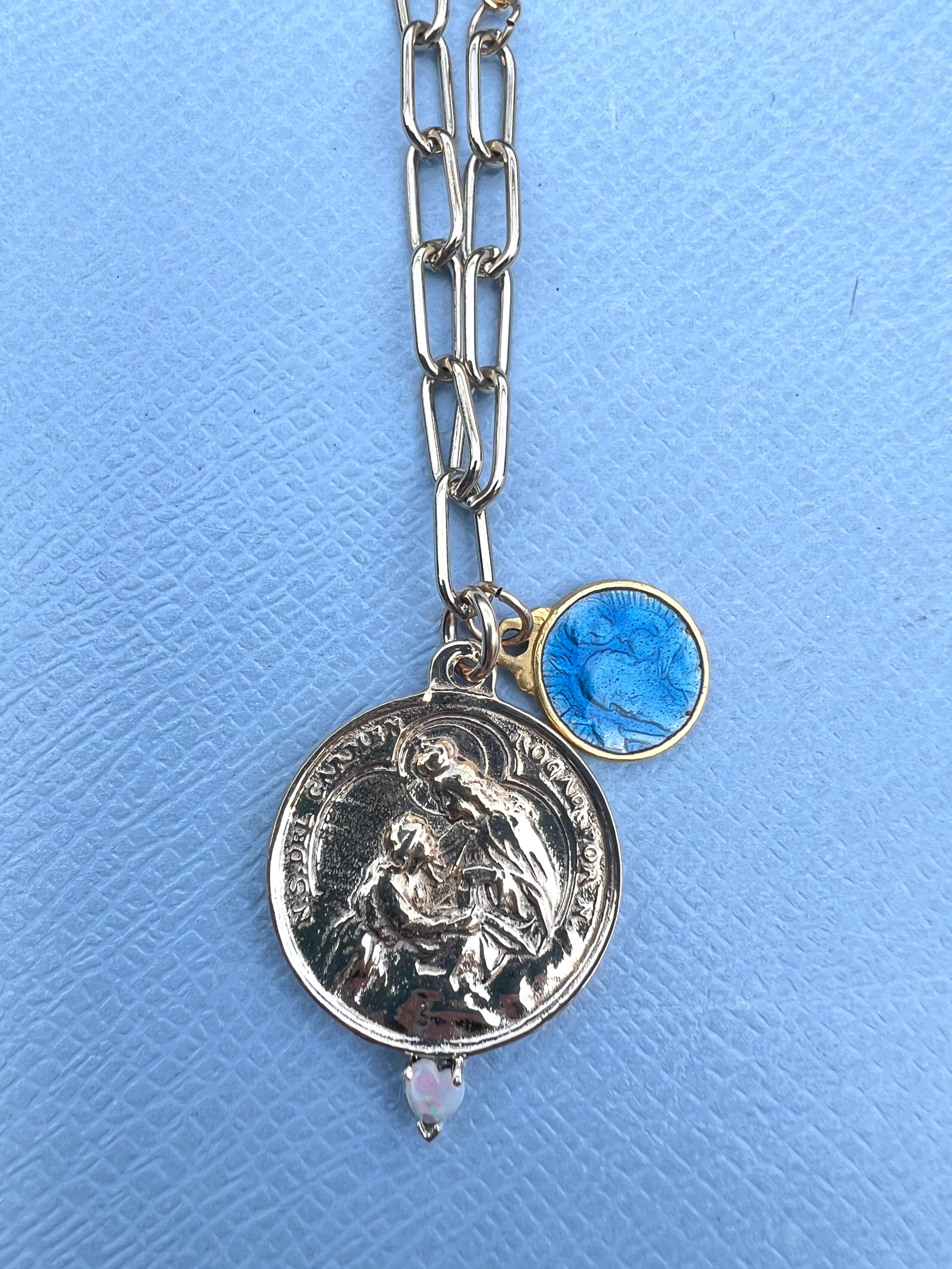 Victorian Opal Heart Carmen Medal Chain Necklace Enamel Virgin Mary Pearl Rosario