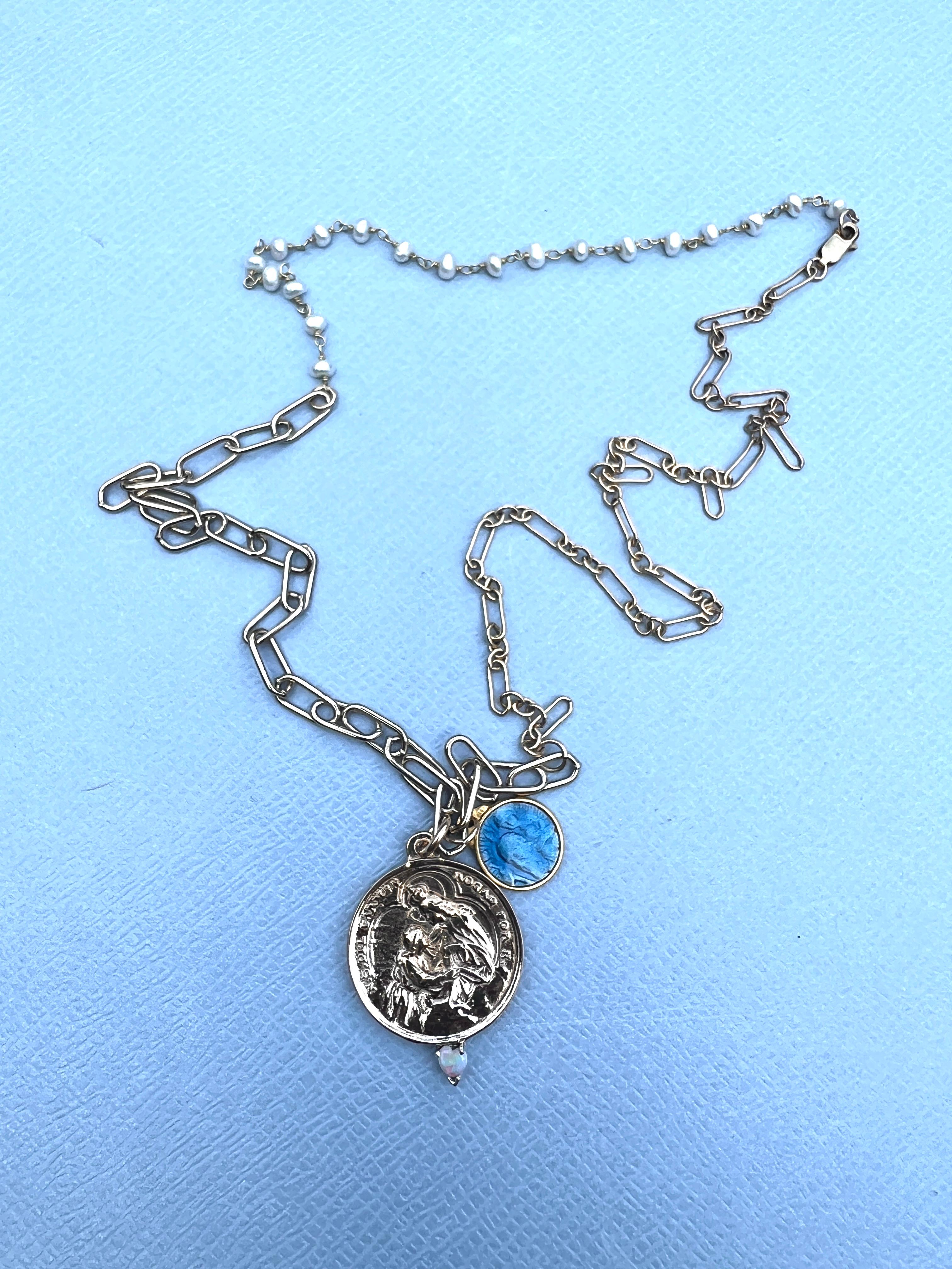 Heart Cut Opal Heart Carmen Medal Chain Necklace Enamel Virgin Mary Pearl Rosario