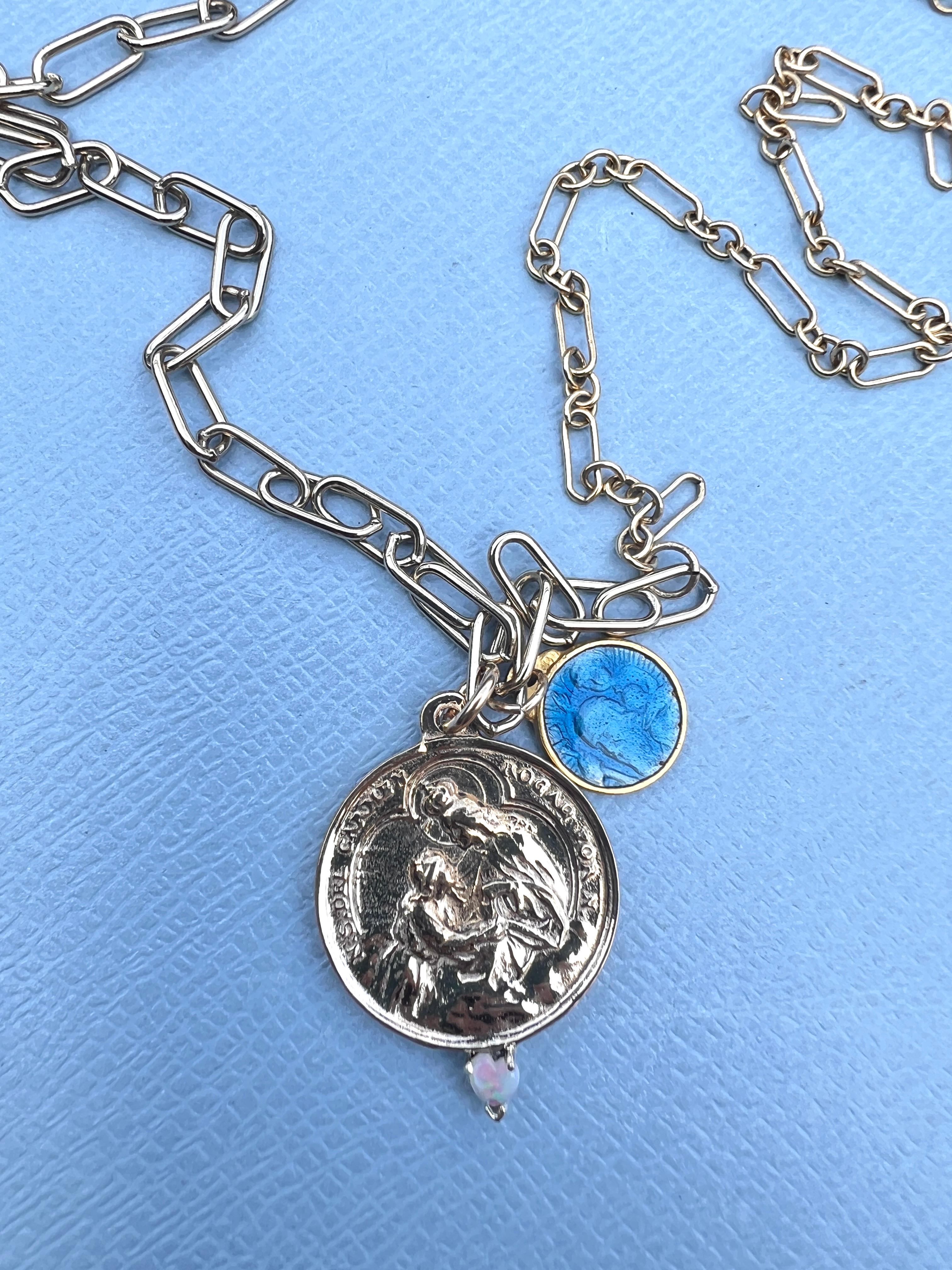 Opal Heart Carmen Medal Chain Necklace Enamel Virgin Mary Pearl Rosario In New Condition In Los Angeles, CA