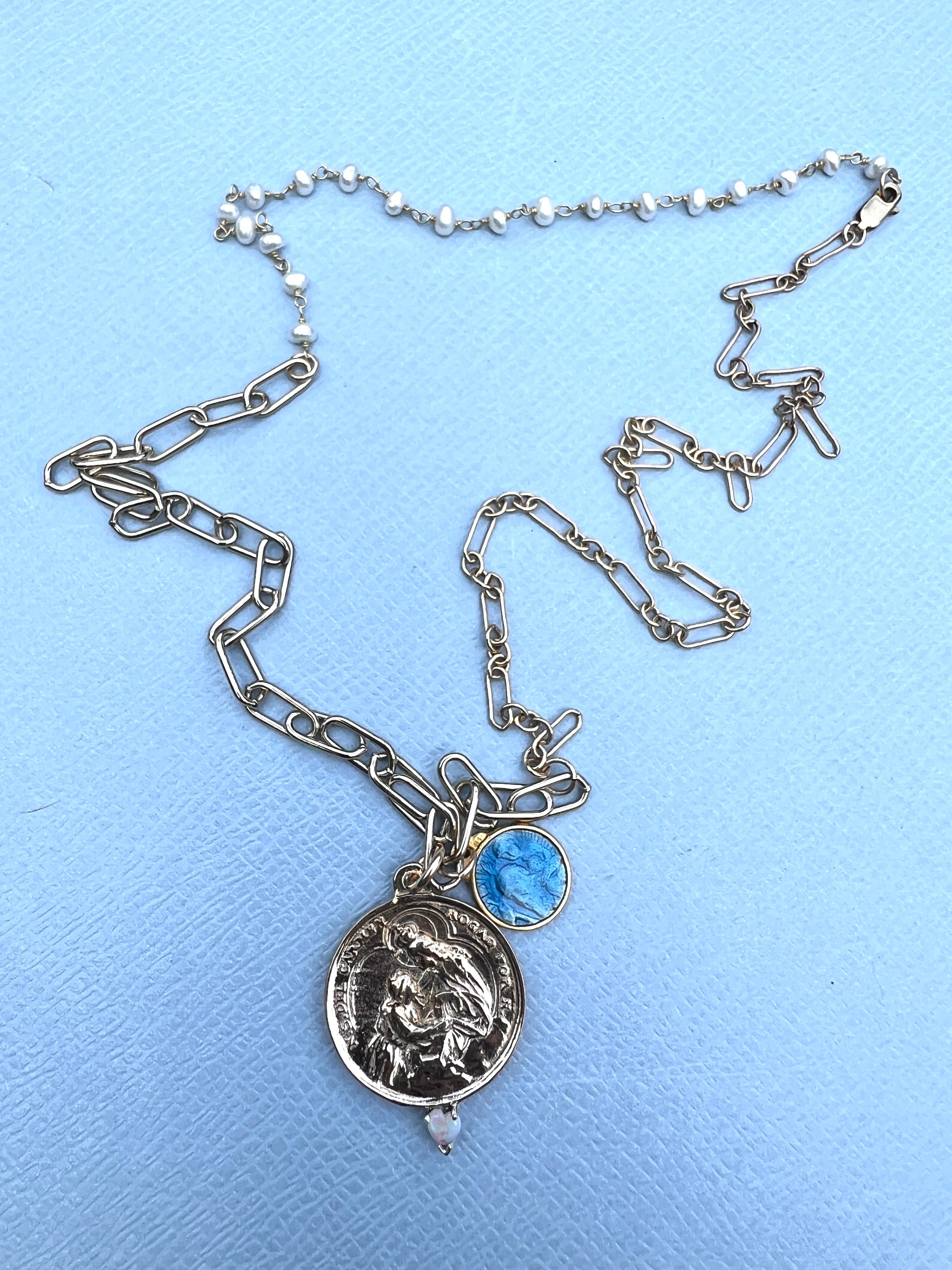 Women's or Men's Opal Heart Carmen Medal Chain Necklace Enamel Virgin Mary Pearl Rosario
