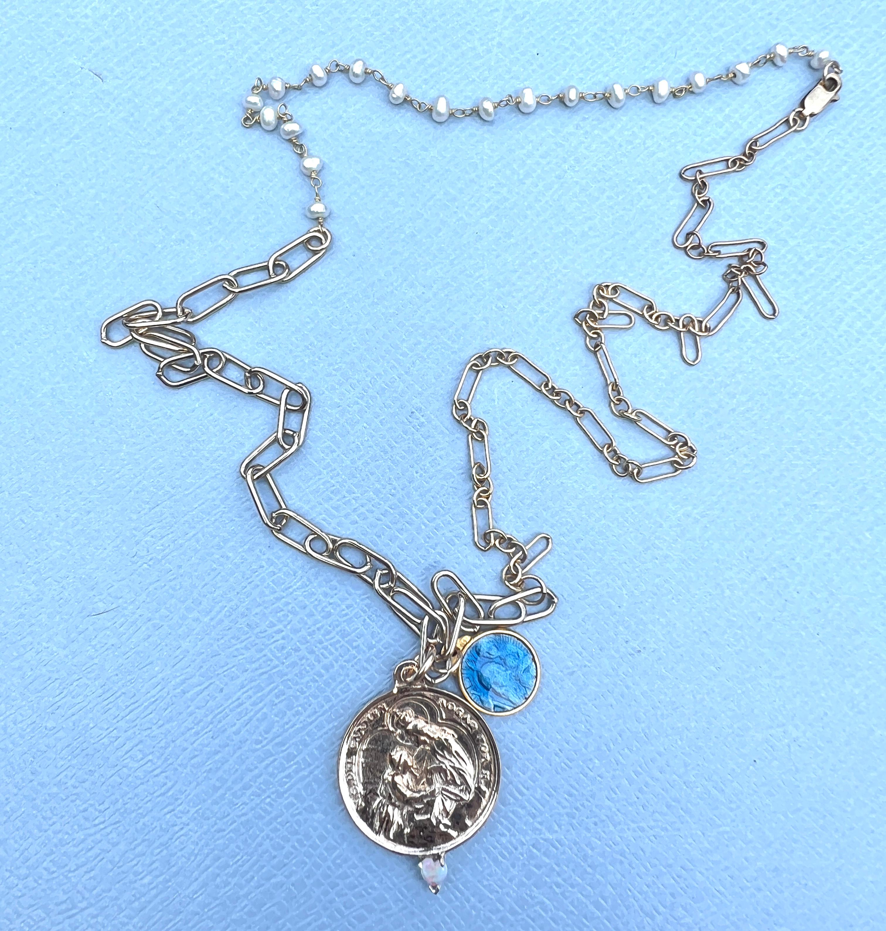 Opal Heart Carmen Medal Chain Necklace Enamel Virgin Mary Pearl Rosario 1