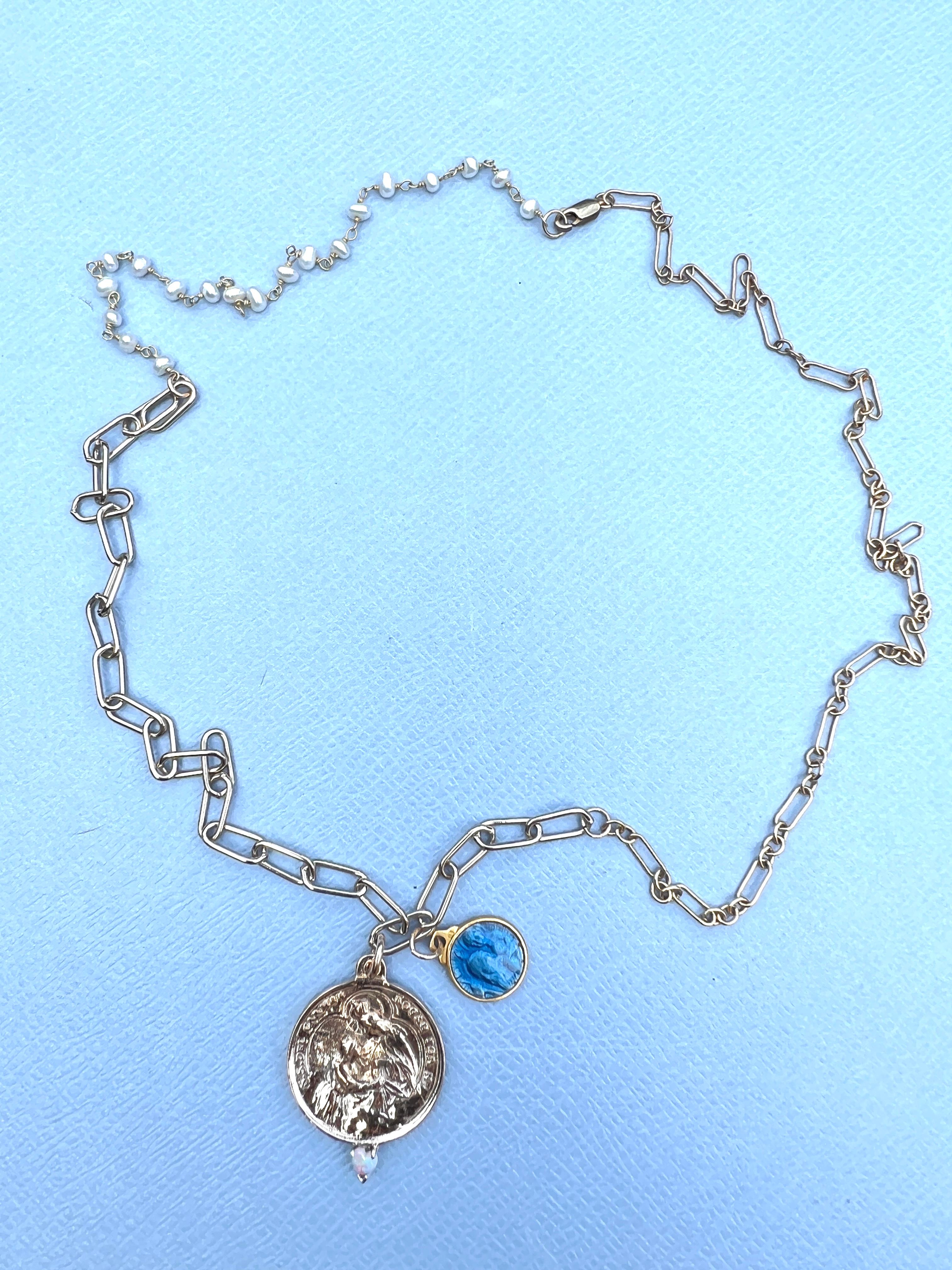 Opal Heart Carmen Medal Chain Necklace Enamel Virgin Mary Pearl Rosario 2