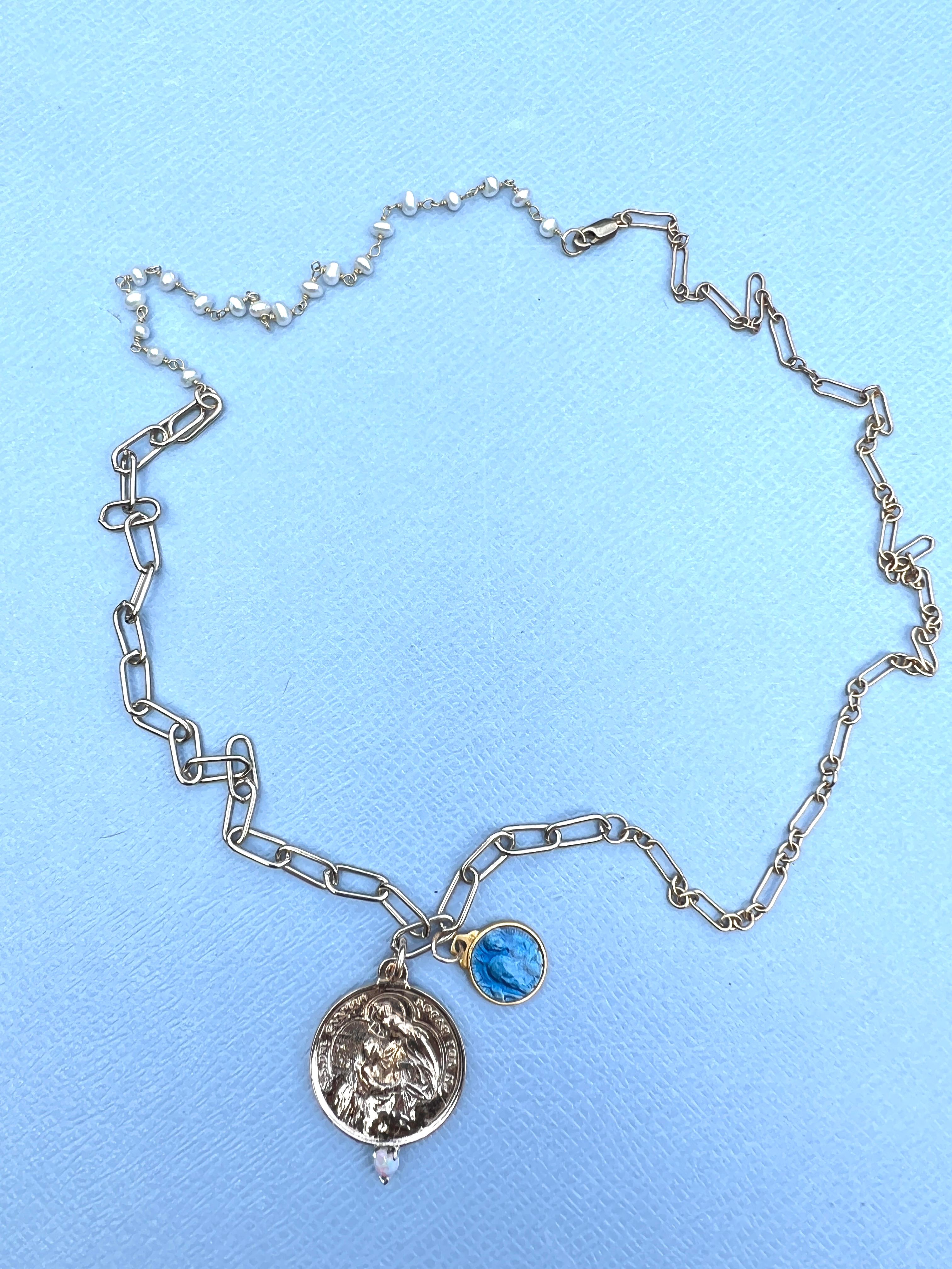 Opal Heart Carmen Medal Chain Necklace Enamel Virgin Mary Pearl Rosario 3