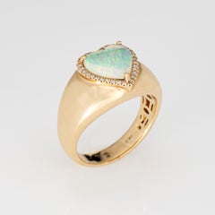Opal Heart Diamond Ring 14k Yellow Gold Wide Band Sz 7 Estate Fine Jewelry