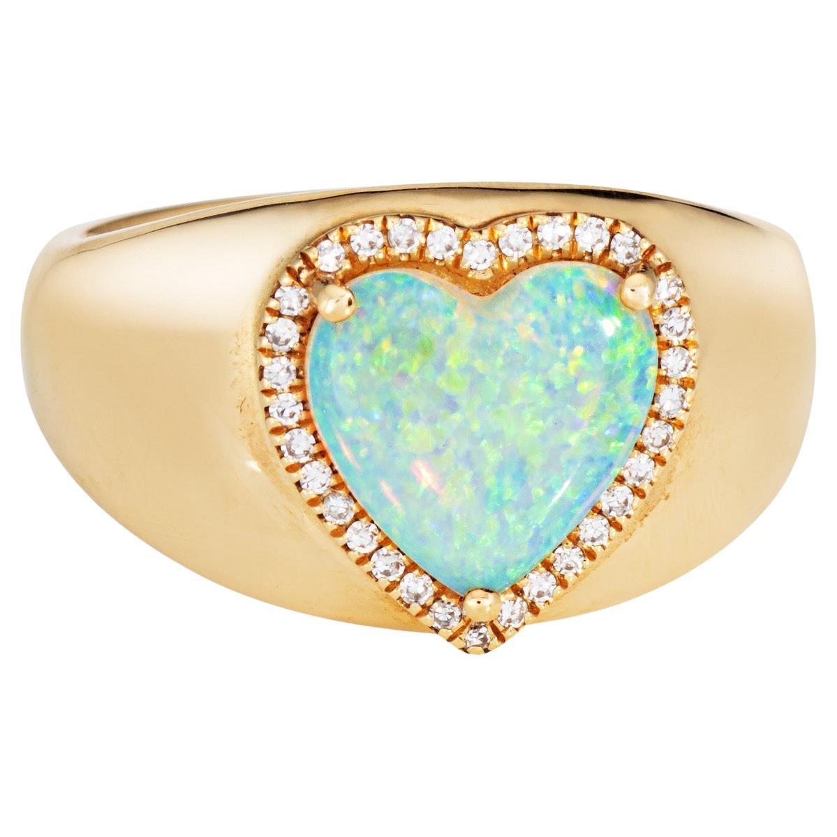 Anello Opale Cuore Diamante Oro Giallo 14k Banda larga Sz 7 Estate Jewelry
