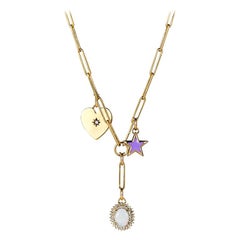 Opal, Heart & Star Pendant Necklace, 14K Yellow Gold with Opal and Diamonds