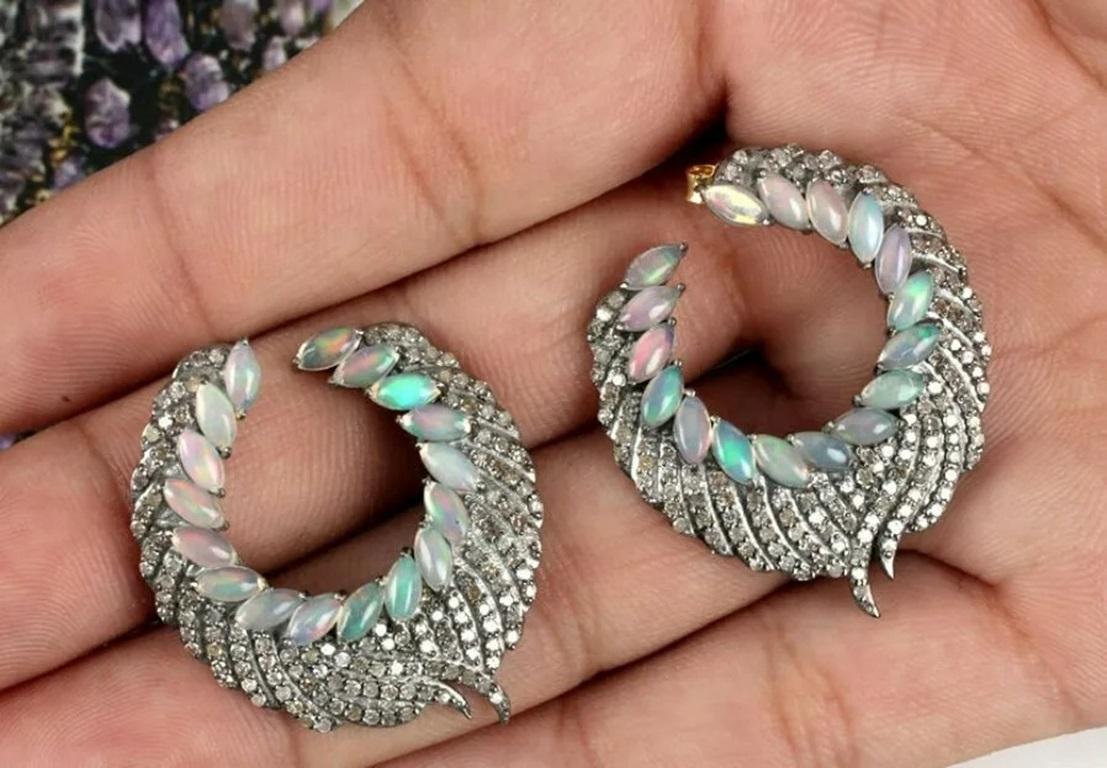 Taglio rotondo Orecchino a cerchio in opale Argento 925 Diamante Oro 14k in vendita