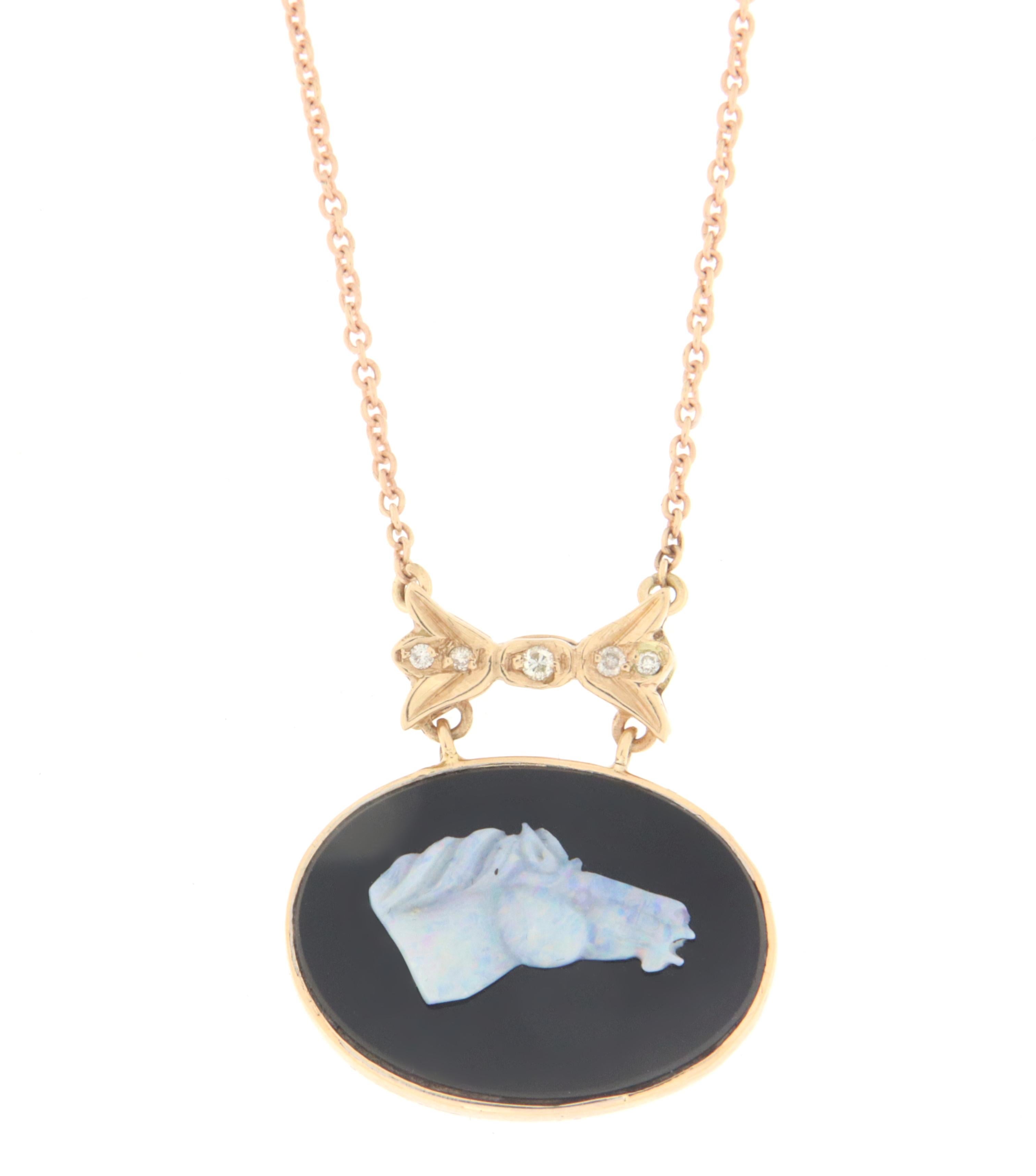 Women's Opal Horse 14 Karat Yellow Gold Onyx Diamonds Pendant Necklace For Sale