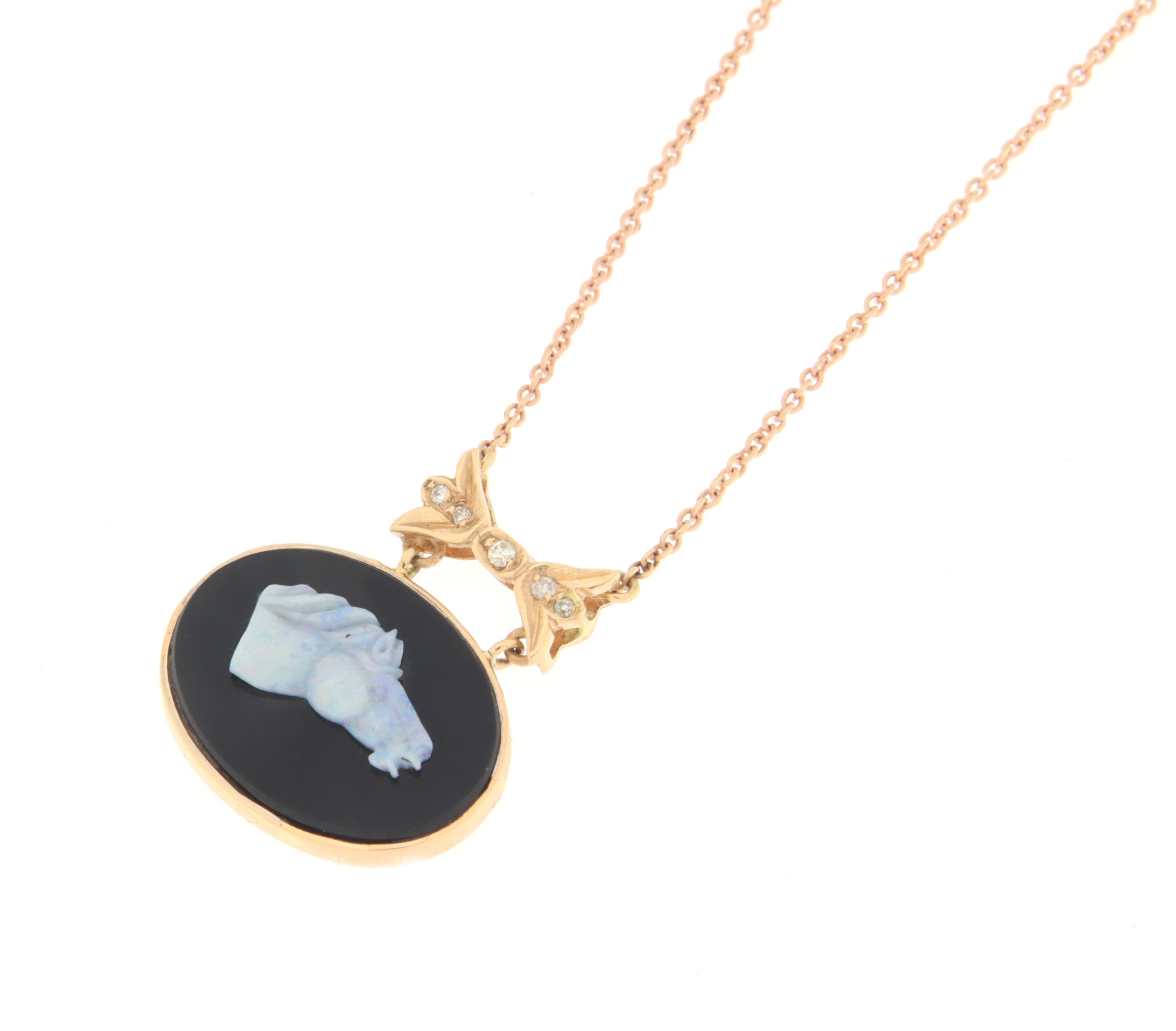 Opal Horse 14 Karat Yellow Gold Onyx Diamonds Pendant Necklace For Sale 2