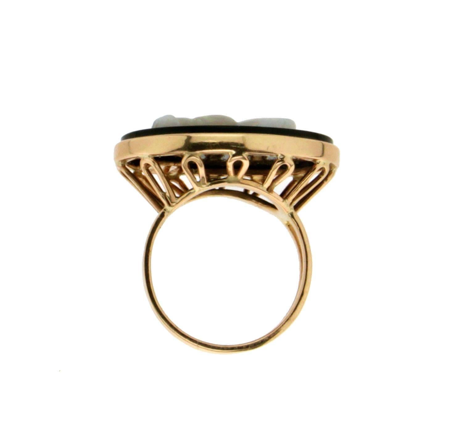 Opal Horse 18 karat Yellow Gold Onyx Cocktail Ring 1