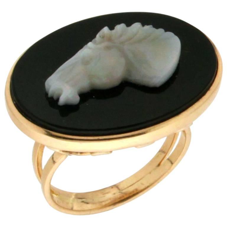 Opal Horse 18 karat Yellow Gold Onyx Cocktail Ring