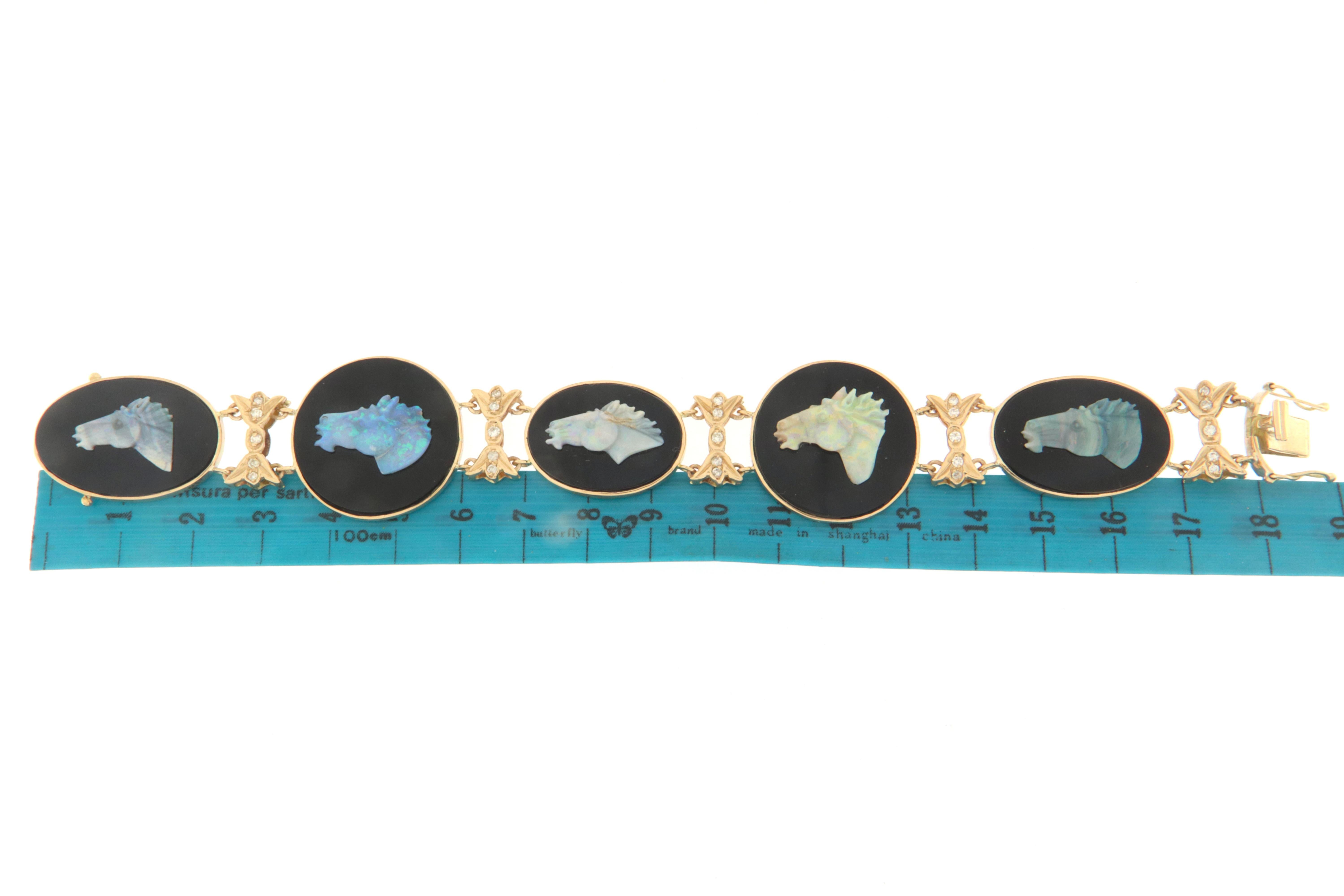 Opal Horses 14 Karat Yellow Gold Onyx Diamonds Cuff Bracelet For Sale 4