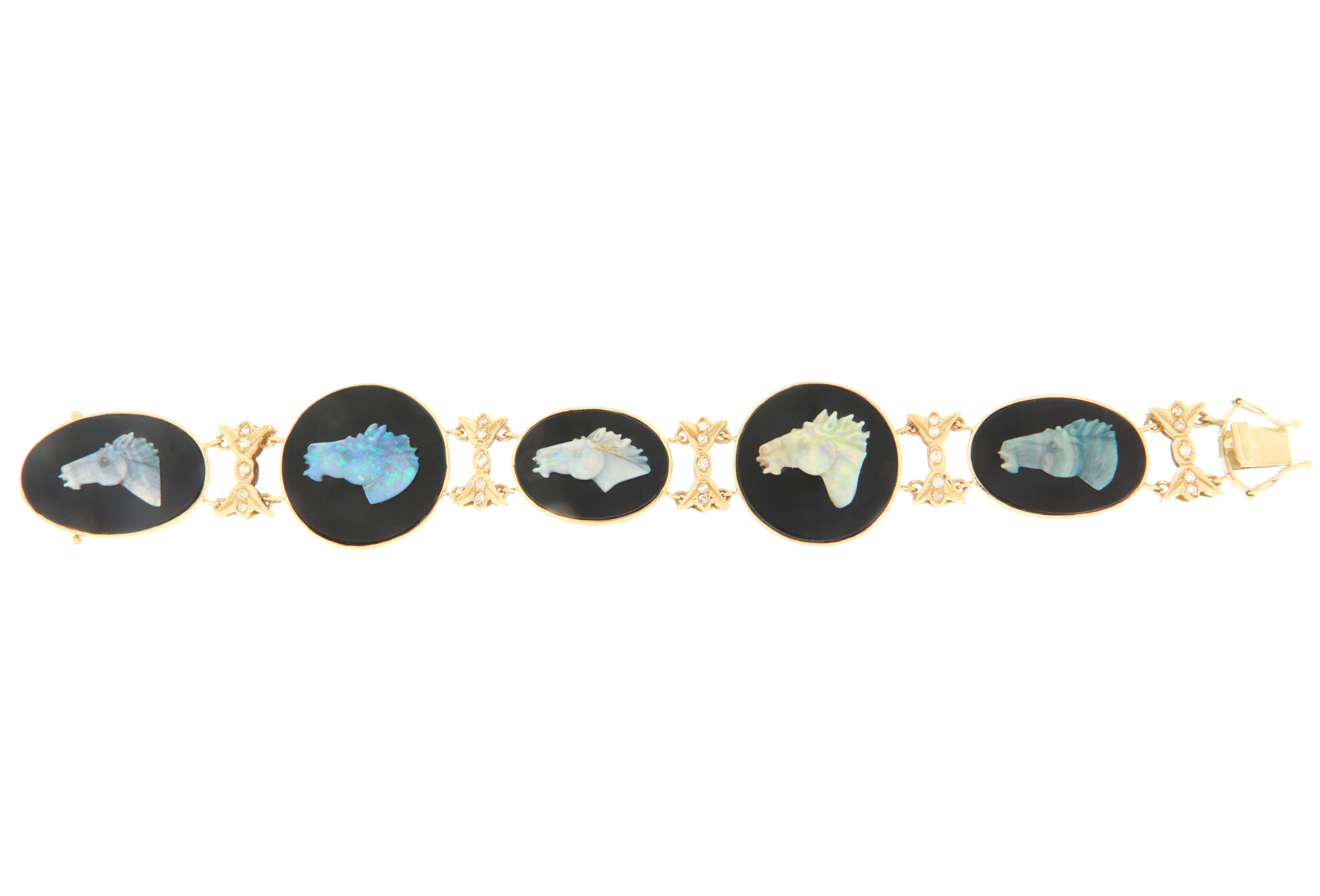 Opal Horses 14 Karat Yellow Gold Onyx Diamonds Cuff Bracelet For Sale 3