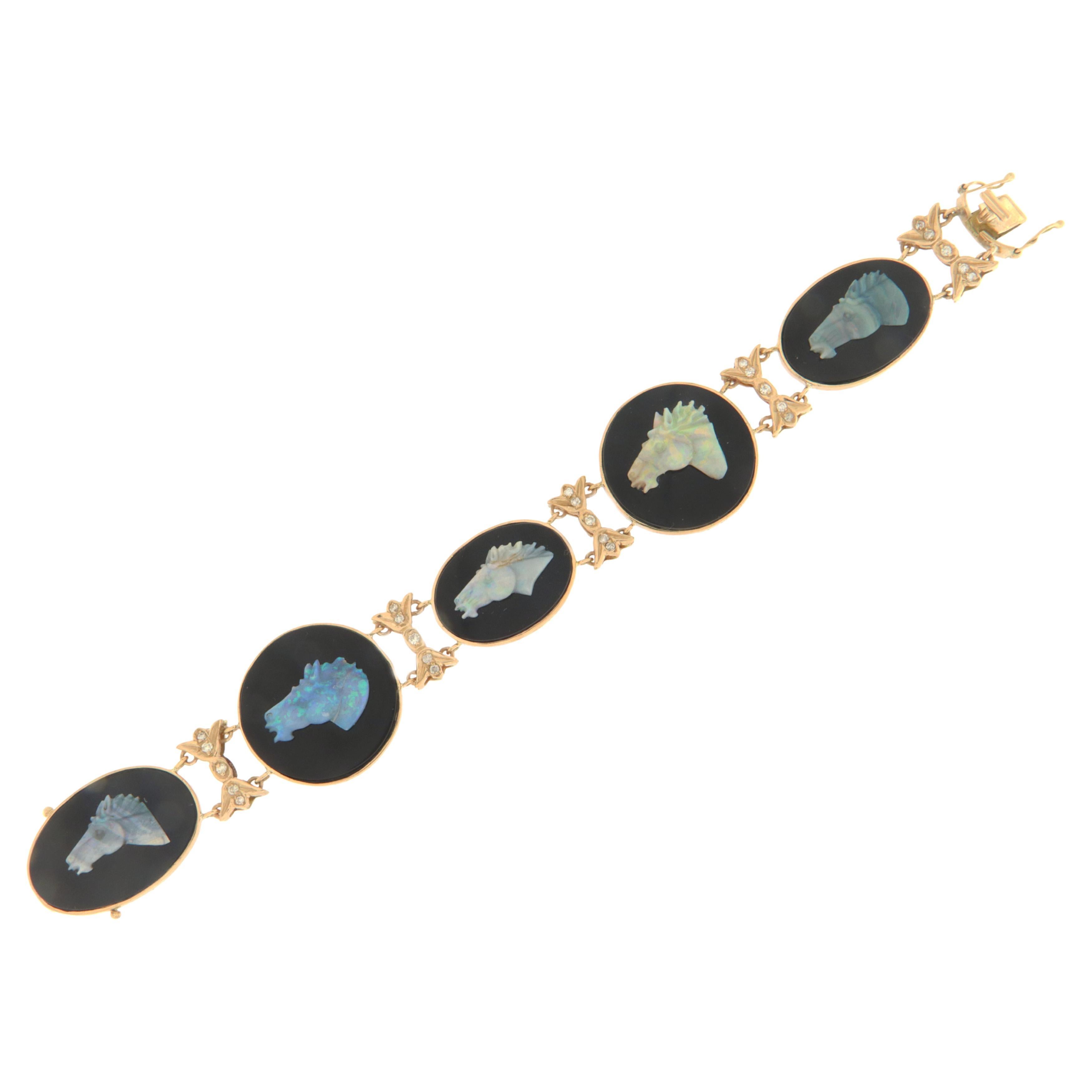 Opal Horses 14 Karat Yellow Gold Onyx Diamonds Cuff Bracelet For Sale