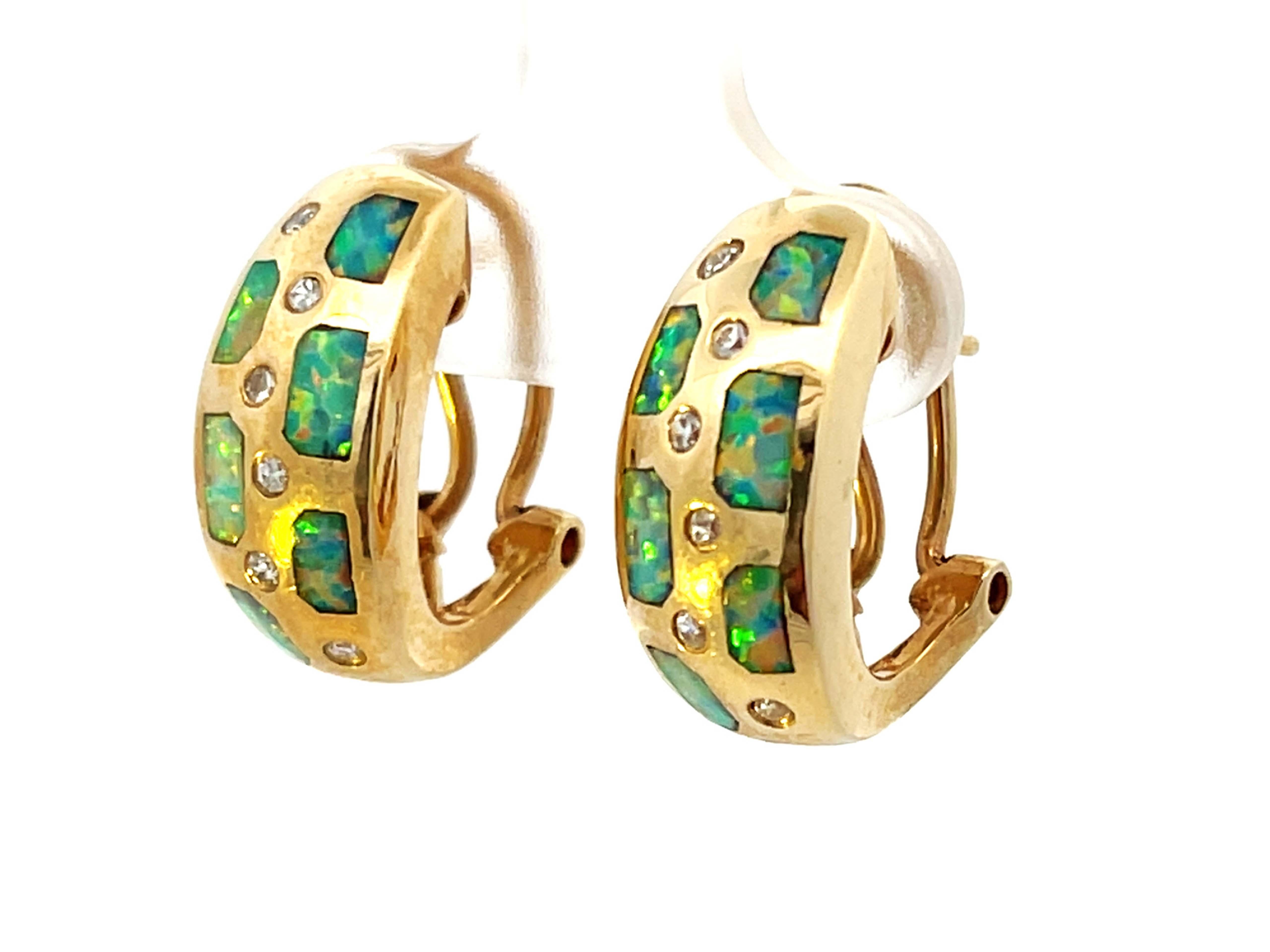 Modern Opal Inlay and Diamond Huggie Earrings in 14k Yellow Gold For Sale