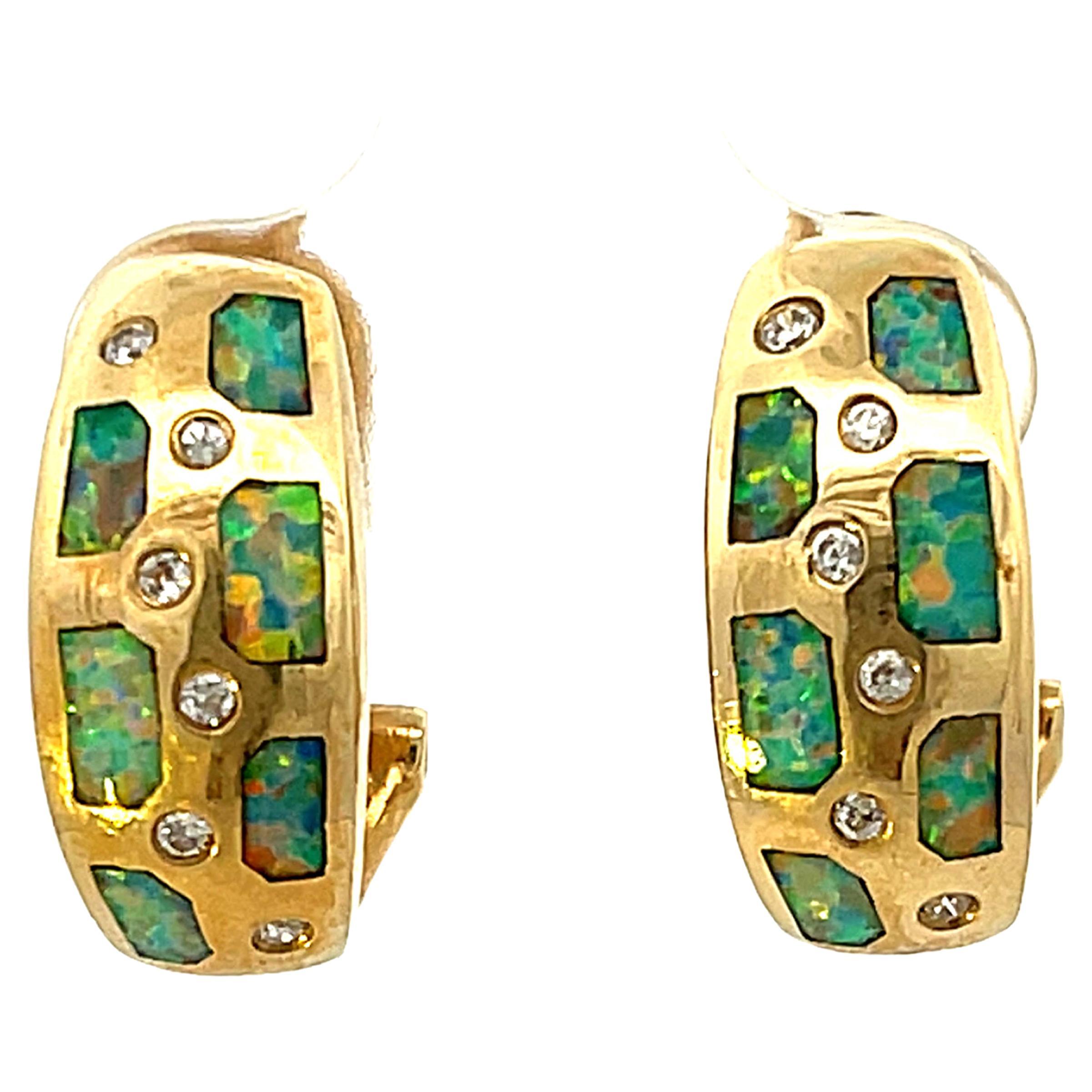 Opal Inlay and Diamond Huggie Earrings in 14k Yellow Gold For Sale