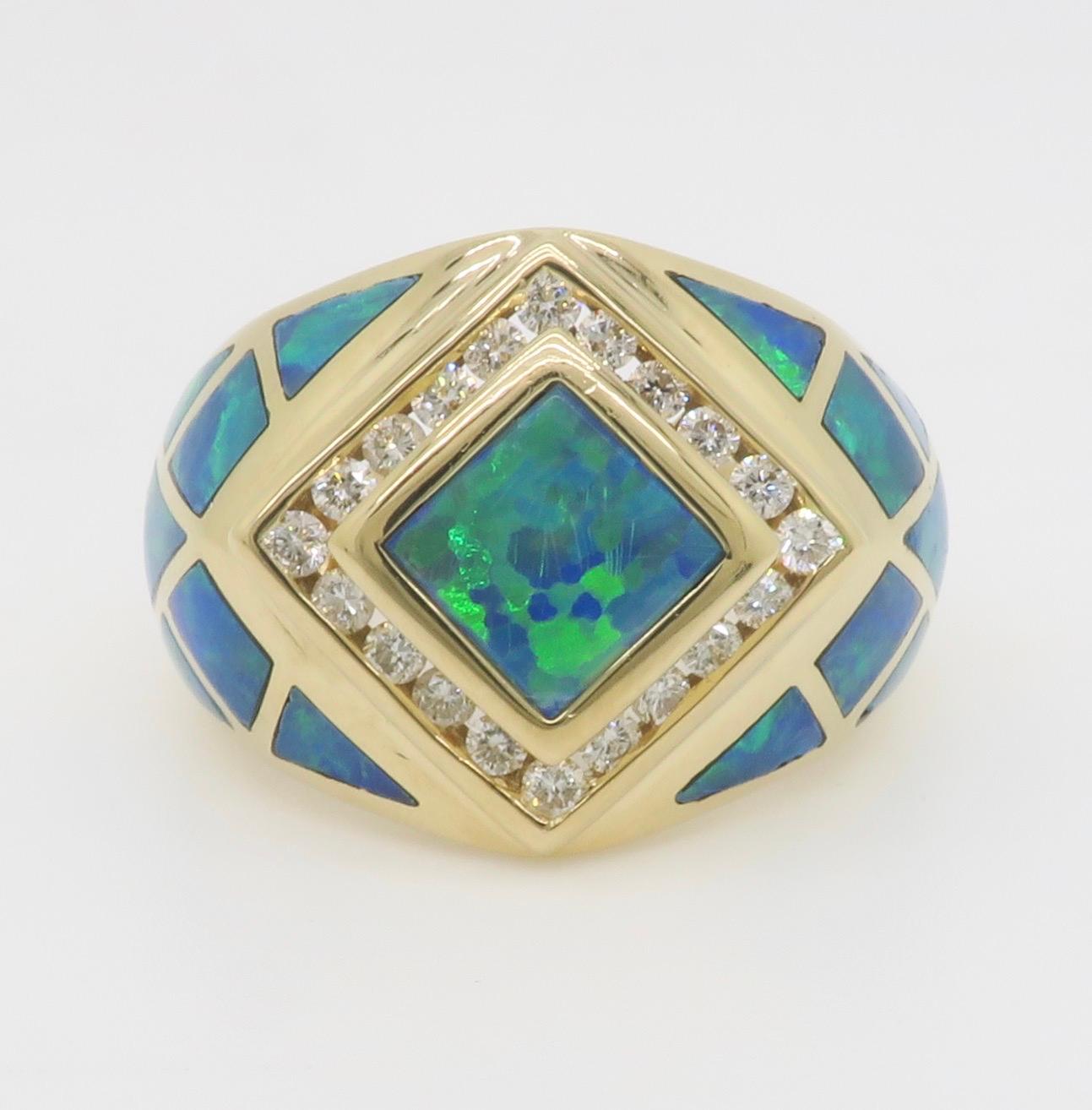 Opal Inlay & Diamond Halo Ring in Yellow Gold 9