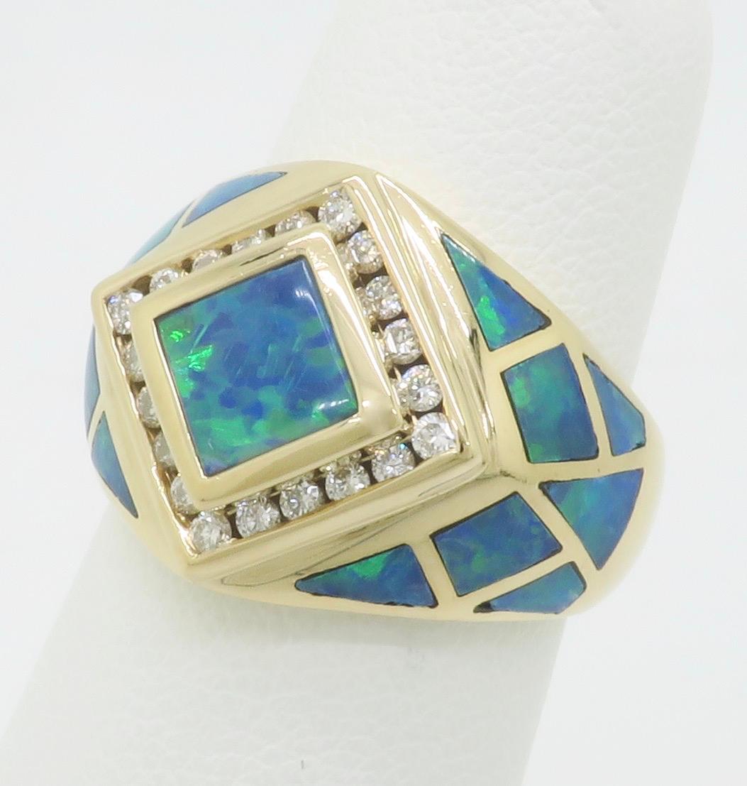 Opal Inlay & Diamond Halo Ring in Yellow Gold In Excellent Condition In Webster, NY