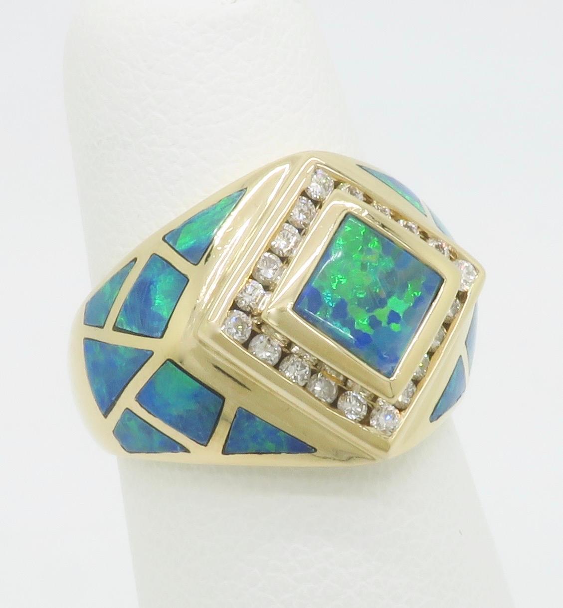 Women's or Men's Opal Inlay & Diamond Halo Ring in Yellow Gold