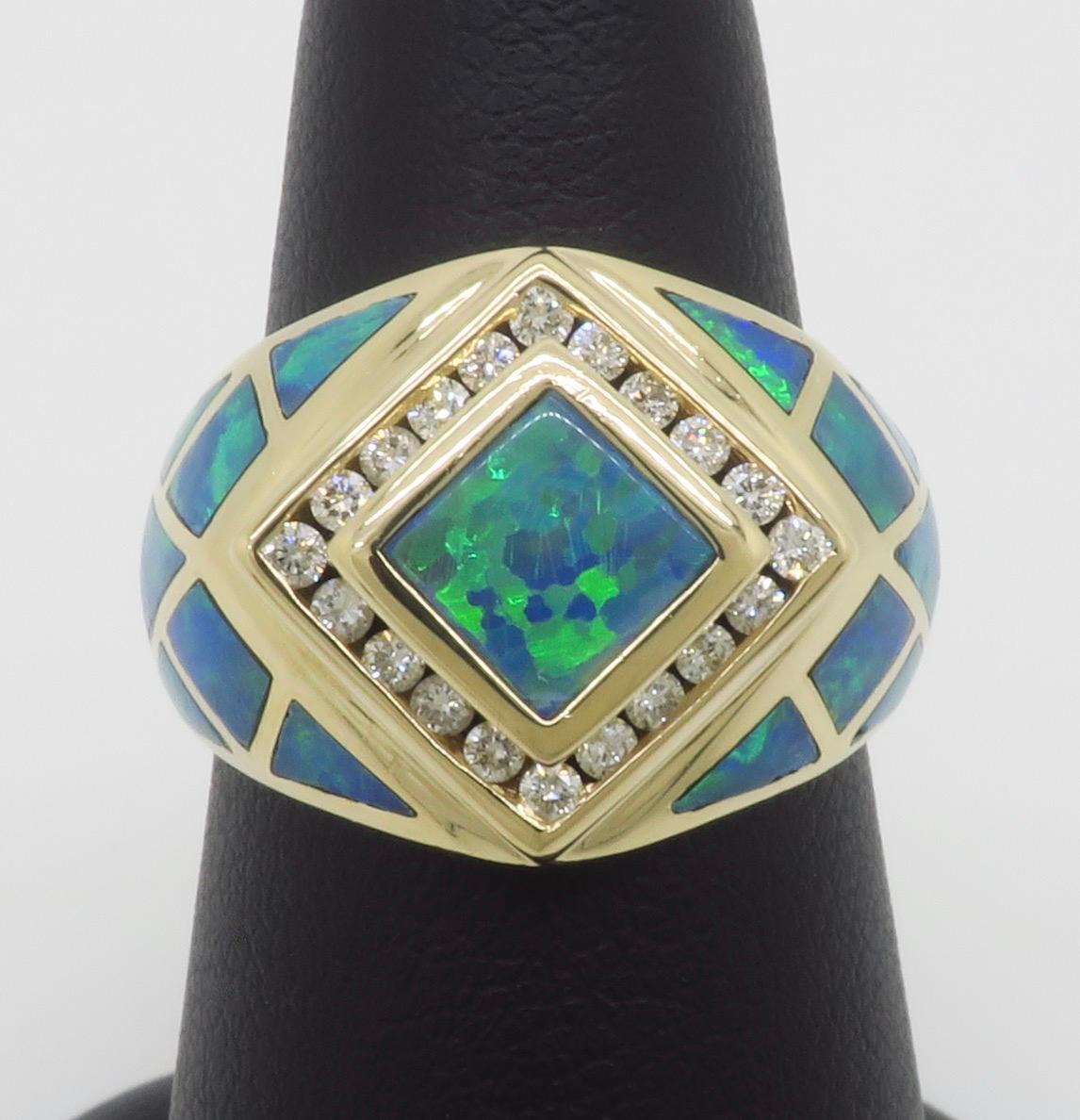 Opal Inlay & Diamond Halo Ring in Yellow Gold 1