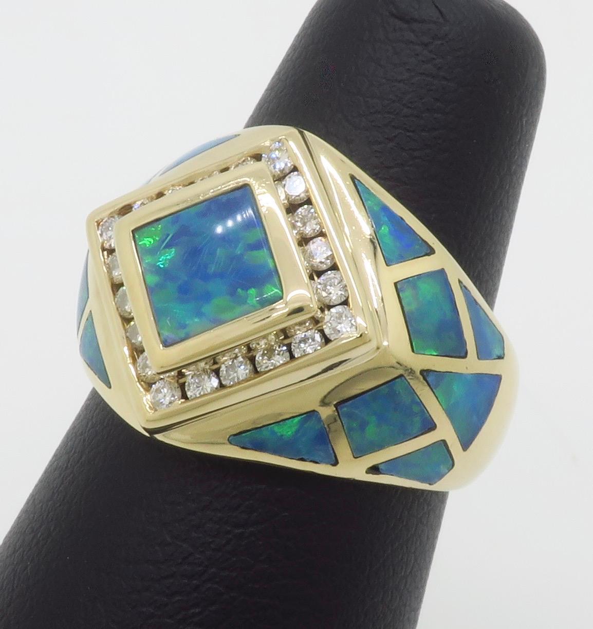 Opal Inlay & Diamond Halo Ring in Yellow Gold 2