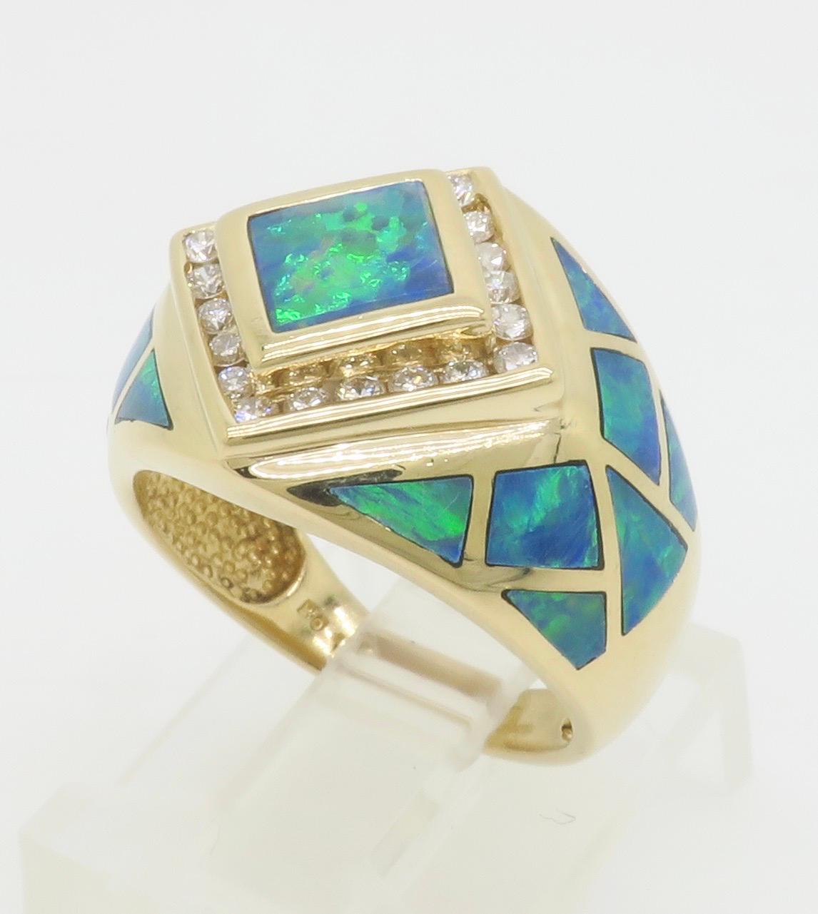 Opal Inlay & Diamond Halo Ring in Yellow Gold 4