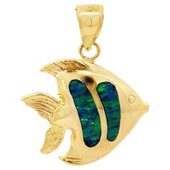Vintage Opal Inlay Fish Pendant 14k Yellow Gold