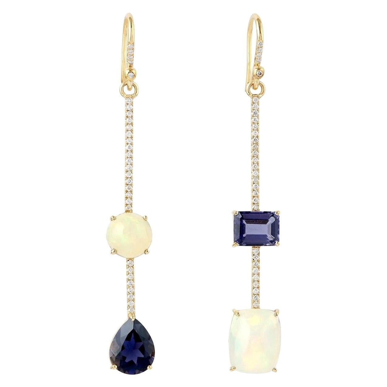Opal Iolite 18 Karat Gold Linear Diamond Earrings For Sale