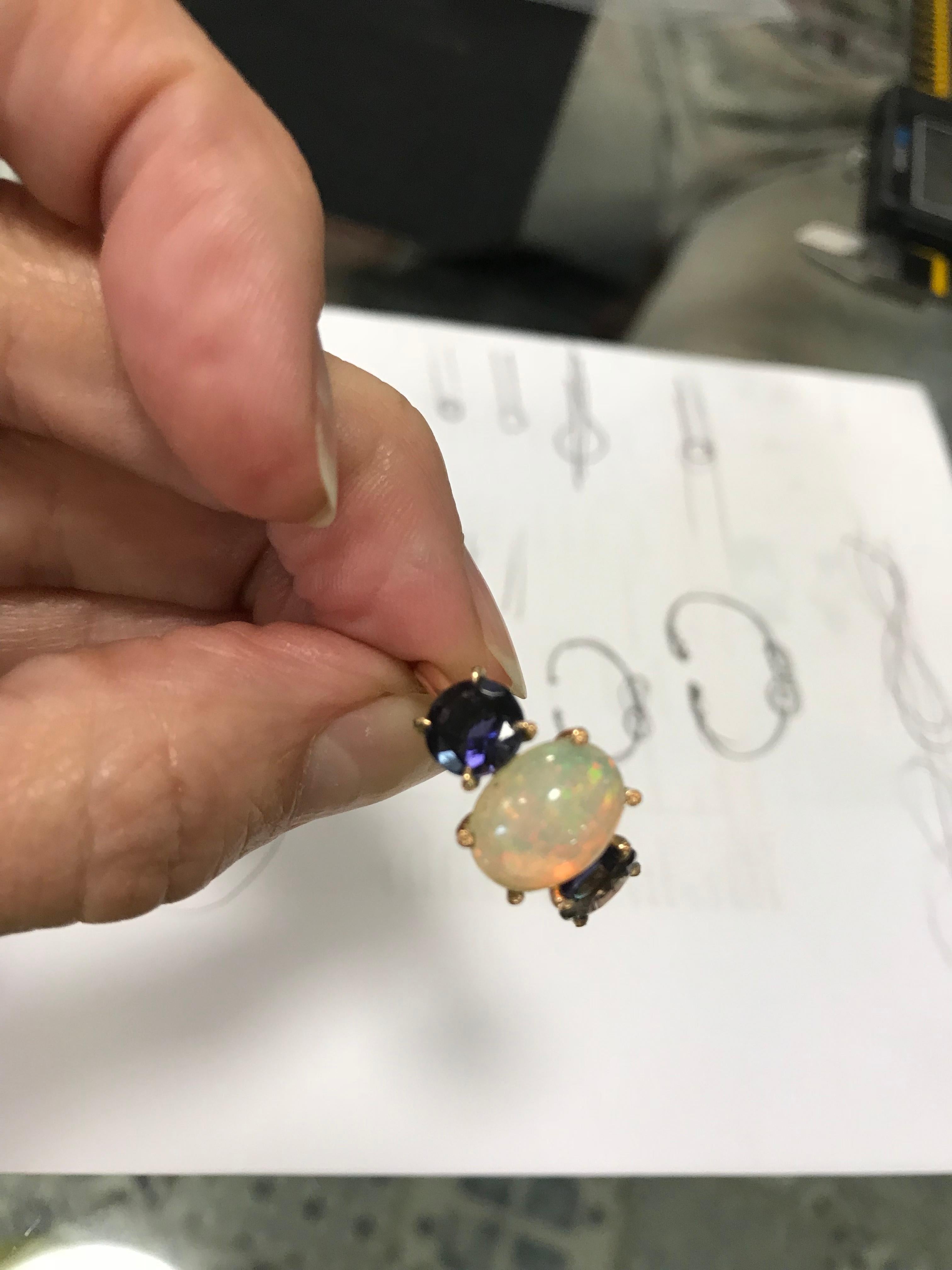 Modern Opal, Iolite and Diamonds 18 Karat Rose Gold Three Stones Ring