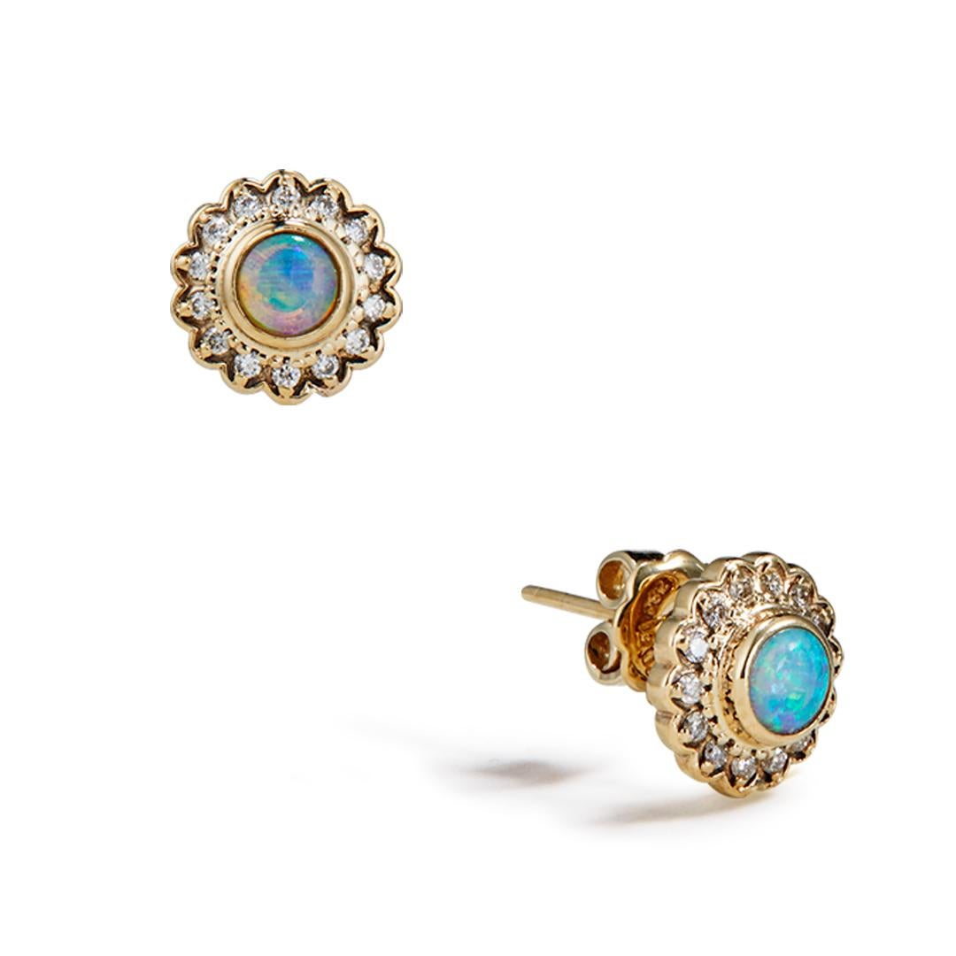 DETAILS
COLOR: Yellow gold
COMPOSITION: 14kt yellow gold
Center Australian opals totalling 0.33ct
Diamonds totalling 0.23ct
Post back

SIZE AND FIT
Earrings 9.3 x 9.3mm