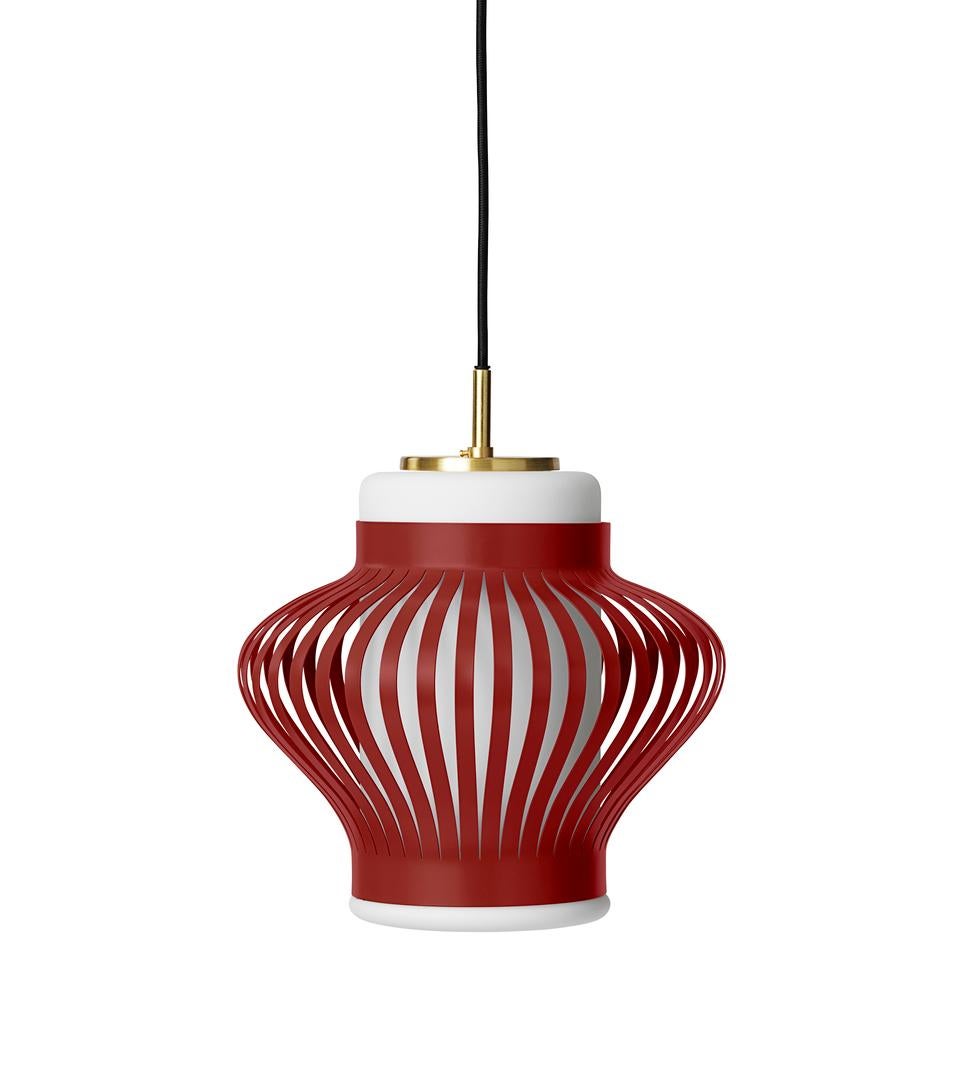 Opal Lamella Red Grape Pendant by Warm Nordic
Dimensions: D25.5 x H25 cm
Material: Lacquered steel, Sand blasted opal glass
Weight: 3.2 kg
Also available in different colours. Please contact us.

The Opal Lamella pendant was designed in the