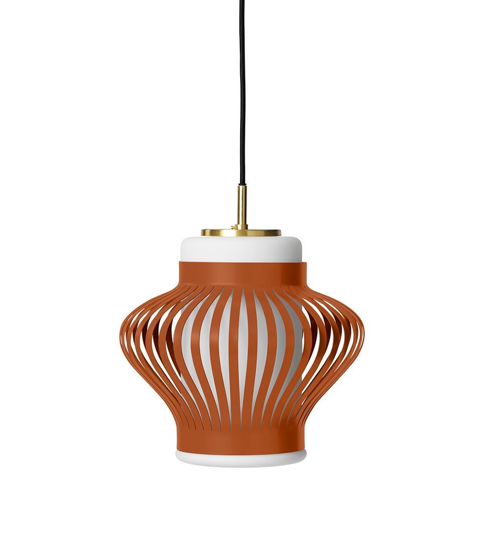 Opal Lamella rusty red pendant by Warm Nordic
Dimensions: D 25.5 x H 25 cm
Material: Lacquered steel, Sand blasted opal glass
Weight: 3.2 kg
Also available in different colours.

The Opal Lamella pendant was designed in the 1950s by Danish