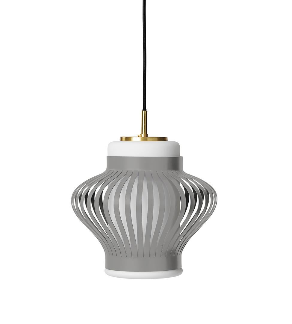Opal Lamella sky grey pendant by Warm Nordic
Dimensions: D 25.5 x H 25 cm
Material: Lacquered steel, Sand blasted opal glass
Weight: 3.2 kg
Also available in different colours.

The Opal Lamella pendant was designed in the 1950s by Danish