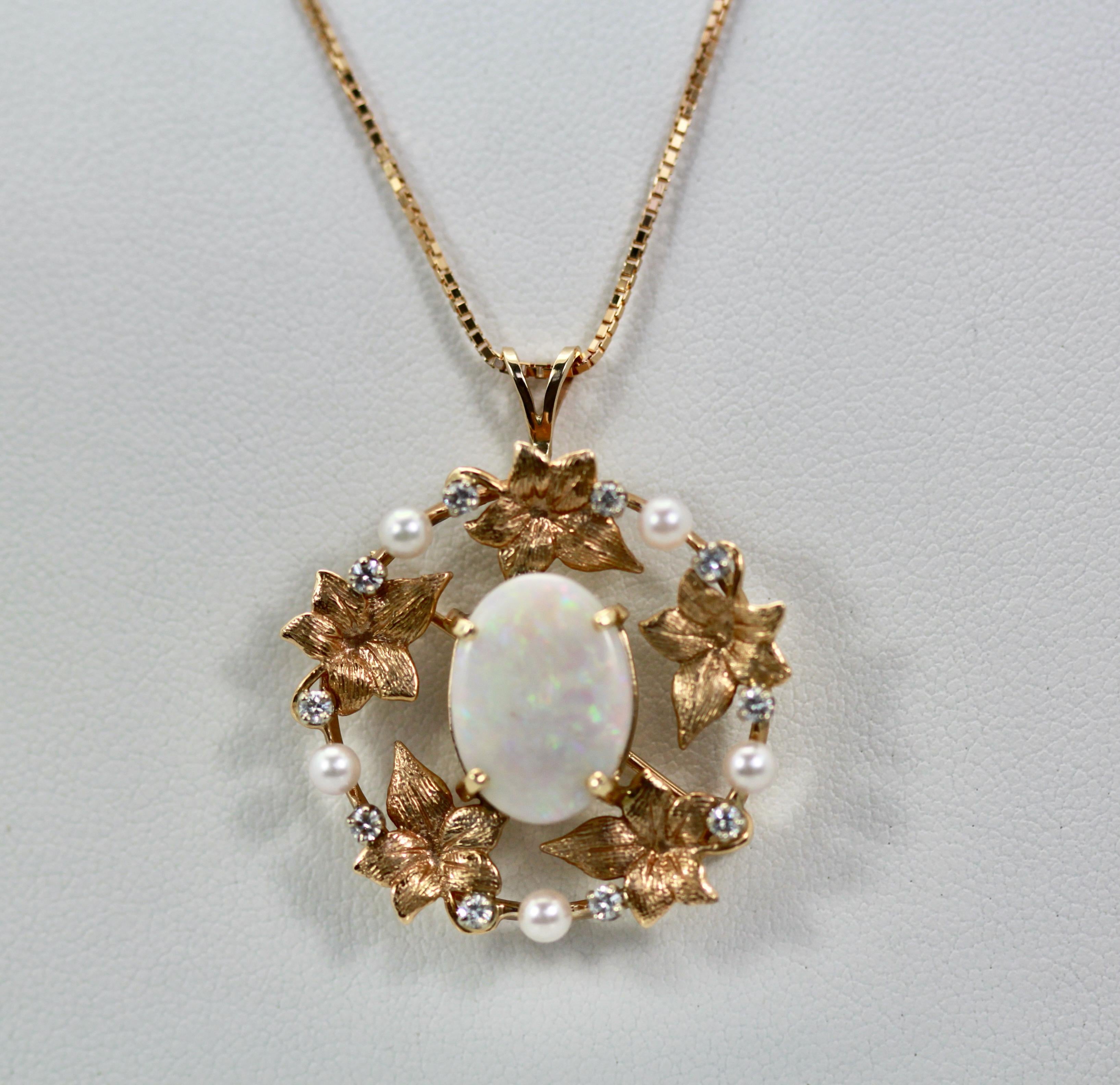 Opal Laurel Leaf Brooch Pendant 14K For Sale 2