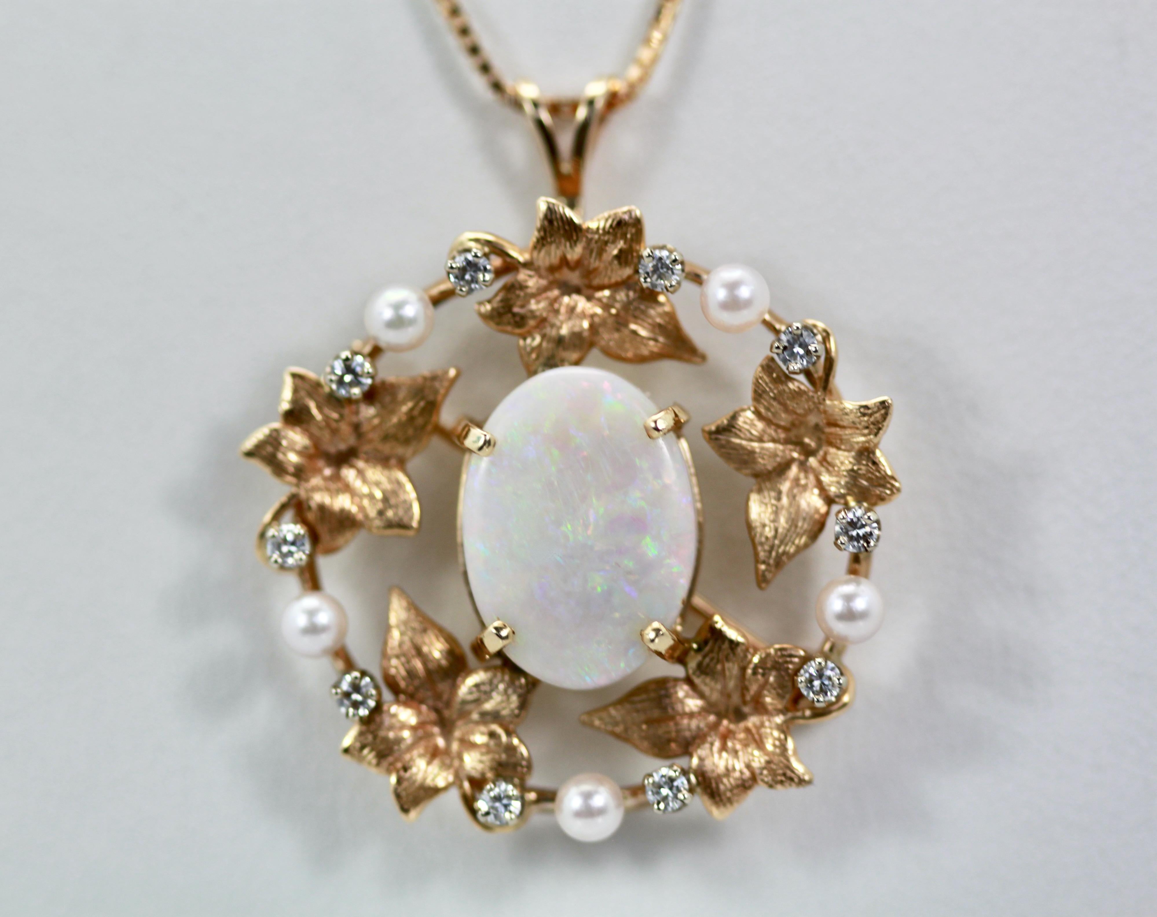 Opal Laurel Leaf Brooch Pendant 14K For Sale 3