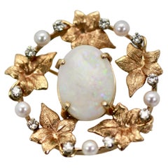 Opal Laurel Leaf Brooch Pendant 14K