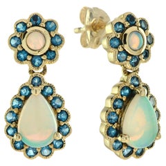 Opal & London Blue Topaz Vintage Style Drop Dangle Yellow Gold Earrings