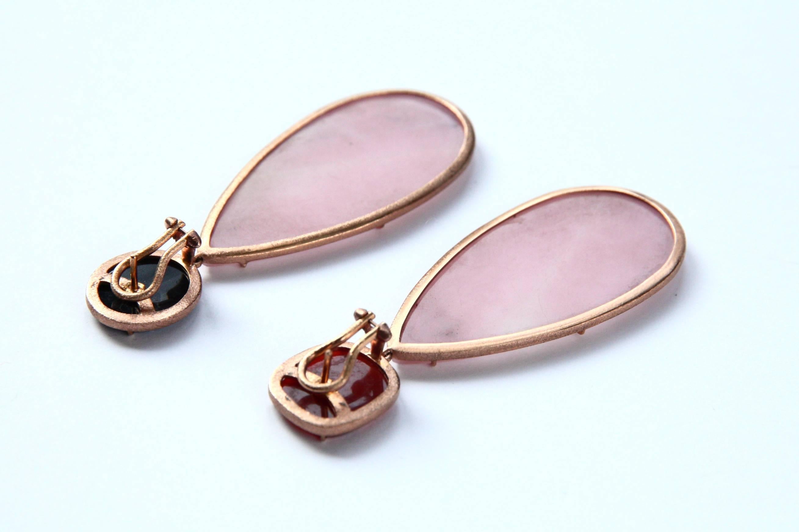 Women's Opal Long Carved Drop Cameo 18 Karat Gold Earrings For Sale