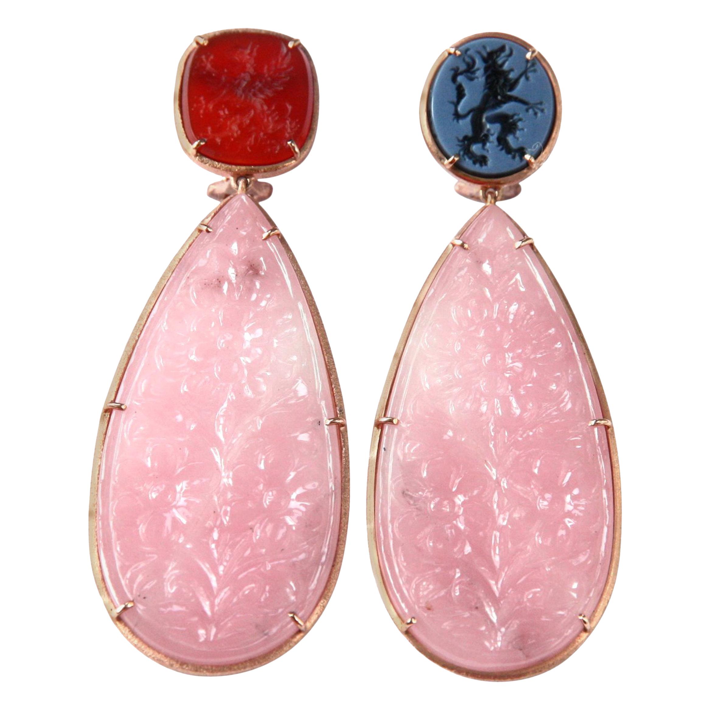 Opal Long Carved Drop Cameo 18 Karat Gold Earrings For Sale