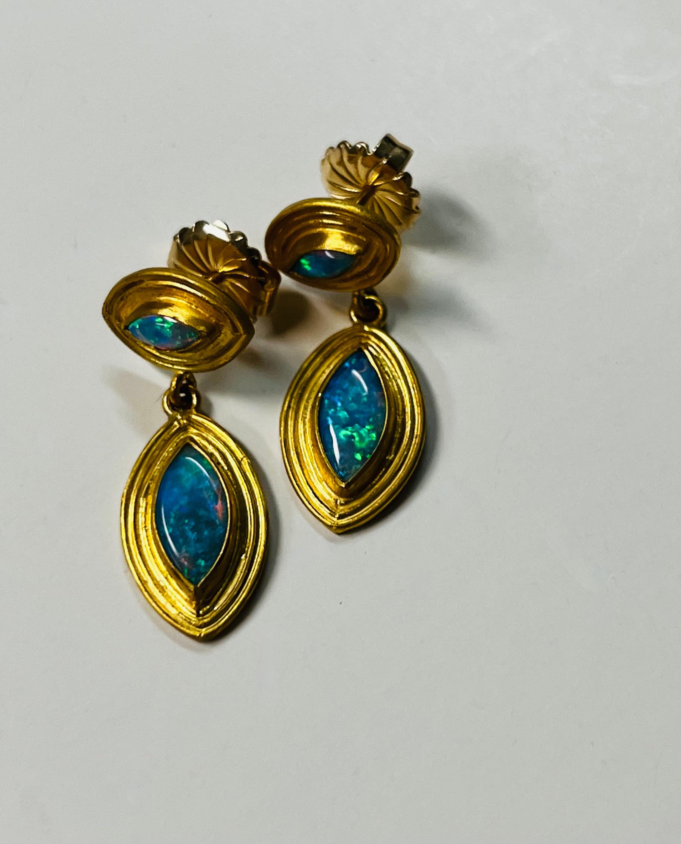 Marquise Cut Opal Marquise Earrings in 22 Karat Gold For Sale
