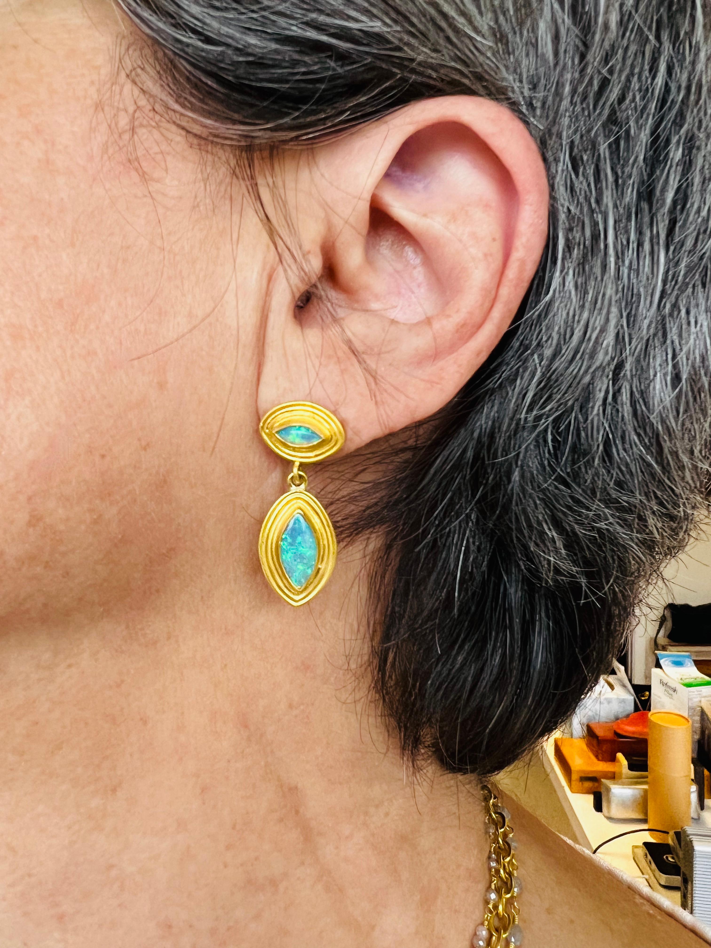 Women's Opal Marquise Earrings in 22 Karat Gold For Sale