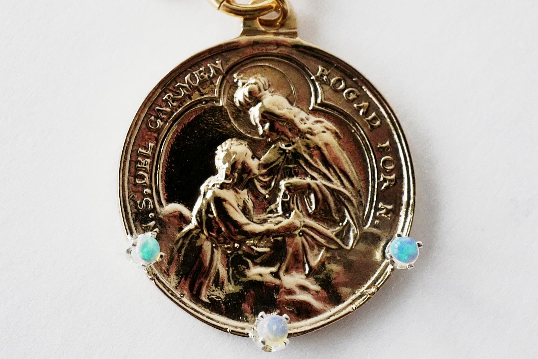 Victorian Opal Medal Long Chain Necklace Virgin Mary Pendant Gold Vermeil J Dauphin For Sale