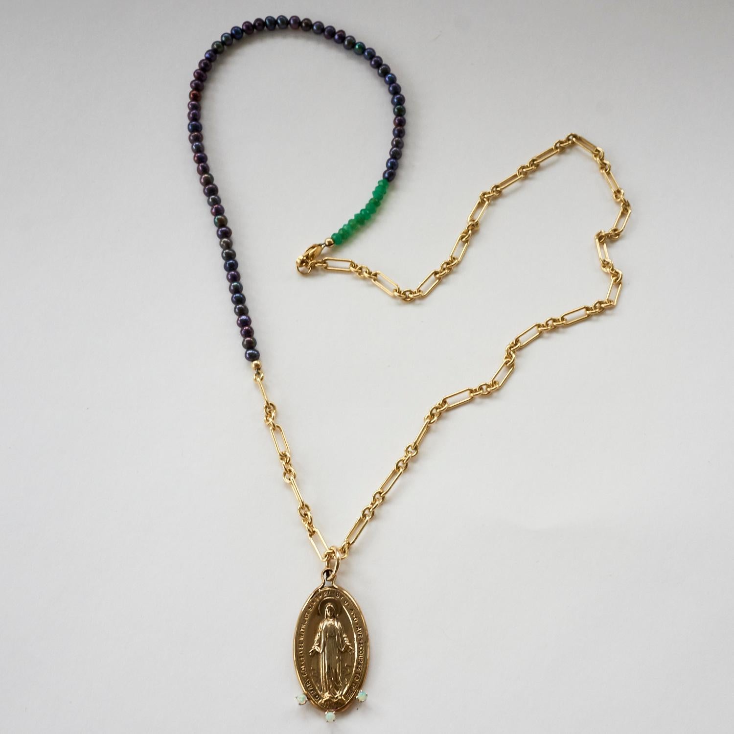 Contemporary Opal Medal Necklace Virgin Mary Black Pearl Long Chain Bronze Gold Filled  For Sale