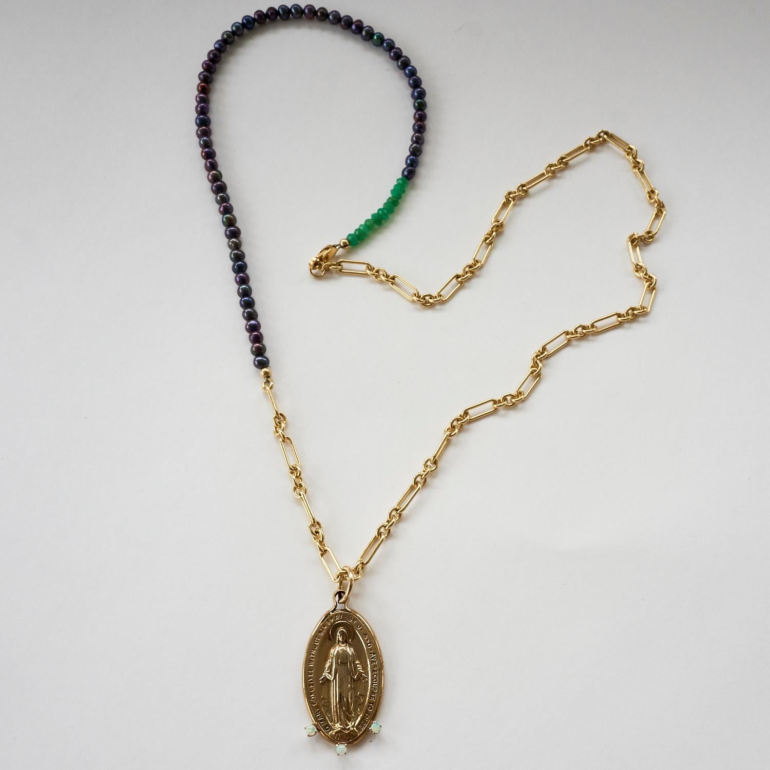 Brilliant Cut Opal Medal Necklace Virgin Mary Black Pearl Long Chain Bronze Gold Filled  For Sale